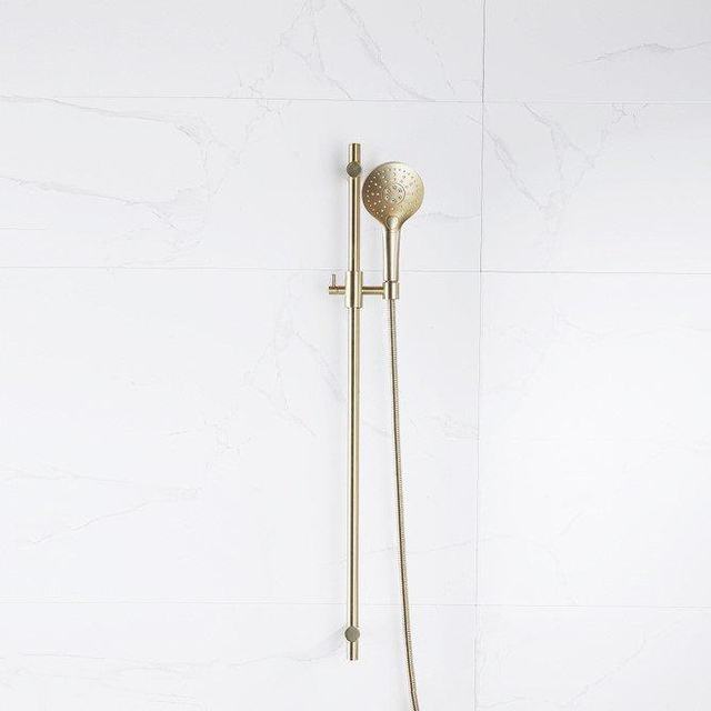 Fortifura Calvi glijstangset met ronde handdouche, metalen doucheslang Geborsteld Messing PVD (Goud) SW767490/SW799449/SW706206