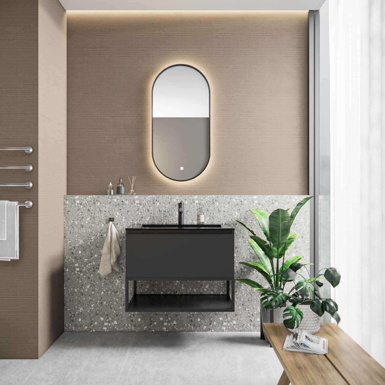 Boss & Wessing Badkamermeubelset BWS Anubis Frame 90cm 1 Lade Mat Zwart Met Wastafel (Naar Keuze)