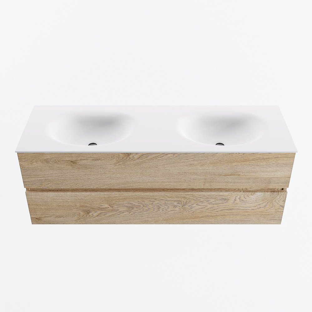 Mondiaz VICA 140cm badmeubel onderkast Washed Oak 2 lades. Wastafel MOON dubbel 2 kraangaten, kleur Talc.
