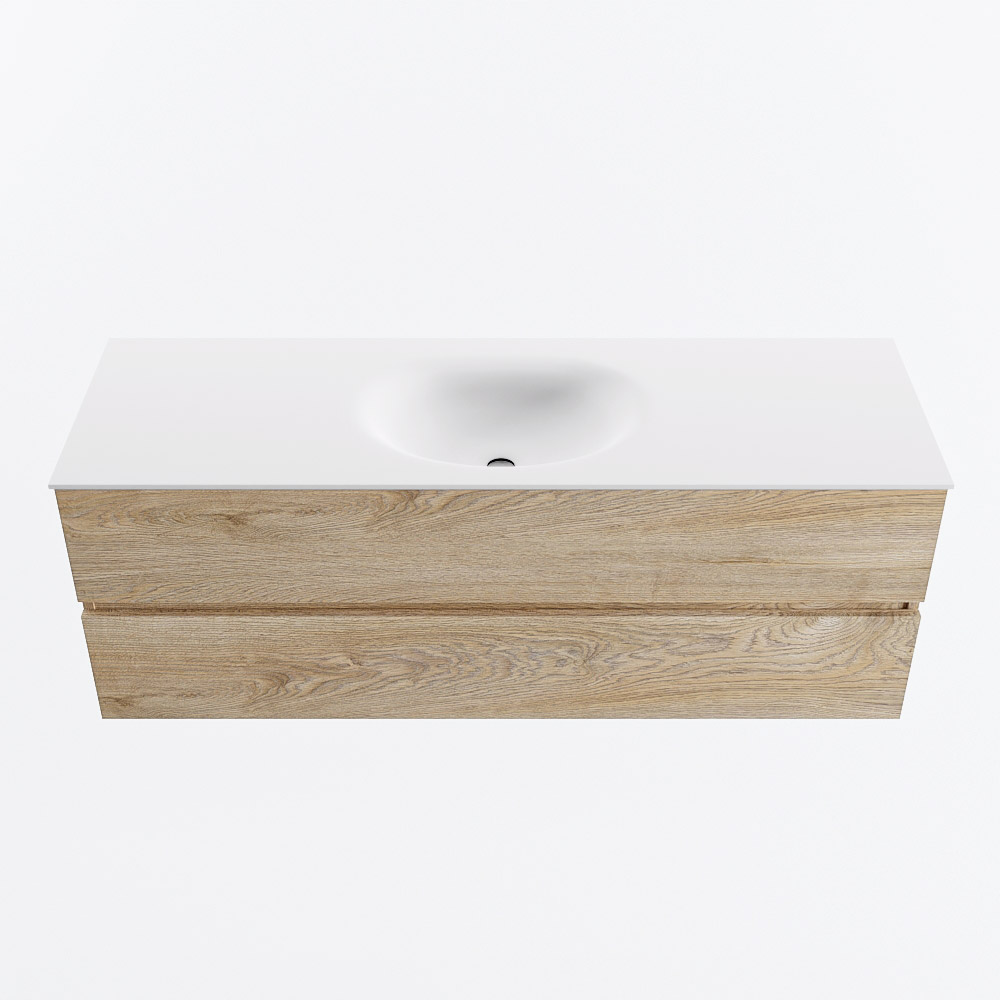 Mondiaz VICA 140cm badmeubel onderkast Washed Oak 2 lades. Wastafel MOON midden zonder kraangat, kleur Talc.