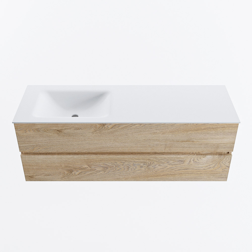 Mondiaz VICA 140cm badmeubel onderkast Washed Oak 2 lades. Wastafel CLOUD links zonder kraangat, kleur Talc.