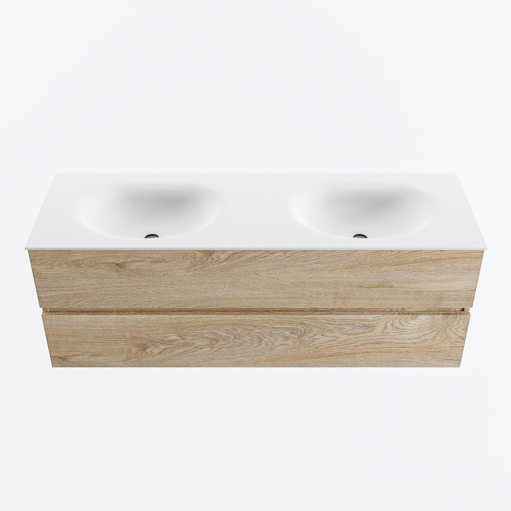 Mondiaz VICA 140cm badmeubel onderkast Washed Oak 2 lades. Wastafel MOON dubbel zonder kraangat, kleur Talc.