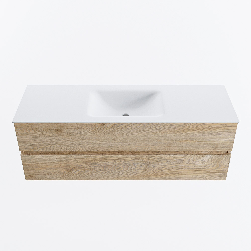 Mondiaz VICA 140cm badmeubel onderkast Washed Oak 2 lades. Wastafel CLOUD midden 1 kraangat, kleur Talc.