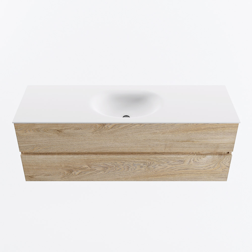 Mondiaz VICA 140cm badmeubel onderkast Washed Oak 2 lades. Wastafel MOON midden 1 kraangat, kleur Talc.