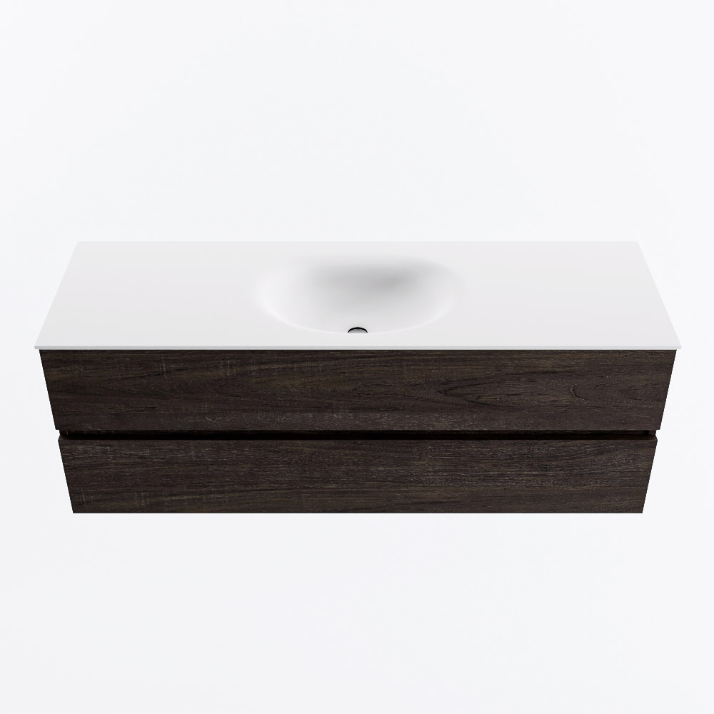 Mondiaz VICA 140cm badmeubel onderkast Dark Brown 2 lades. Wastafel MOON midden zonder kraangat, kleur Talc.
