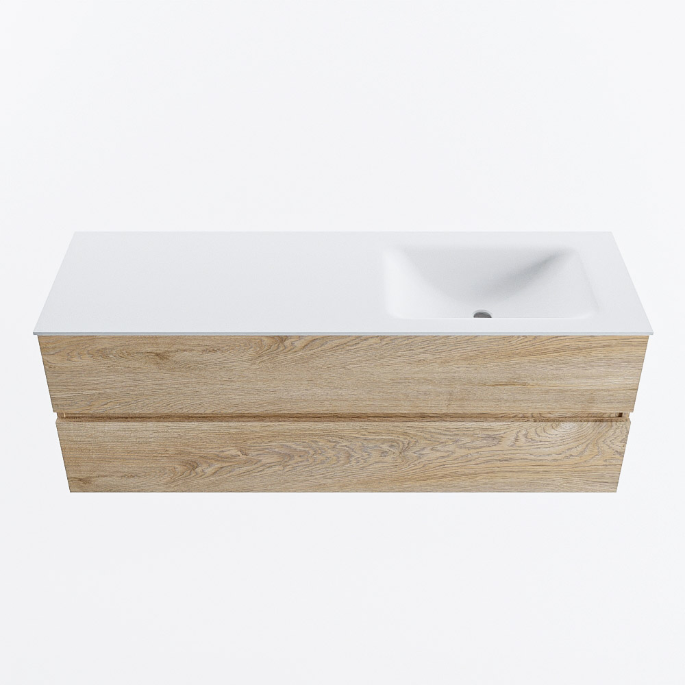 Mondiaz VICA 140cm badmeubel onderkast Washed Oak 2 lades. Wastafel CLOUD rechts zonder kraangat, kleur Talc.