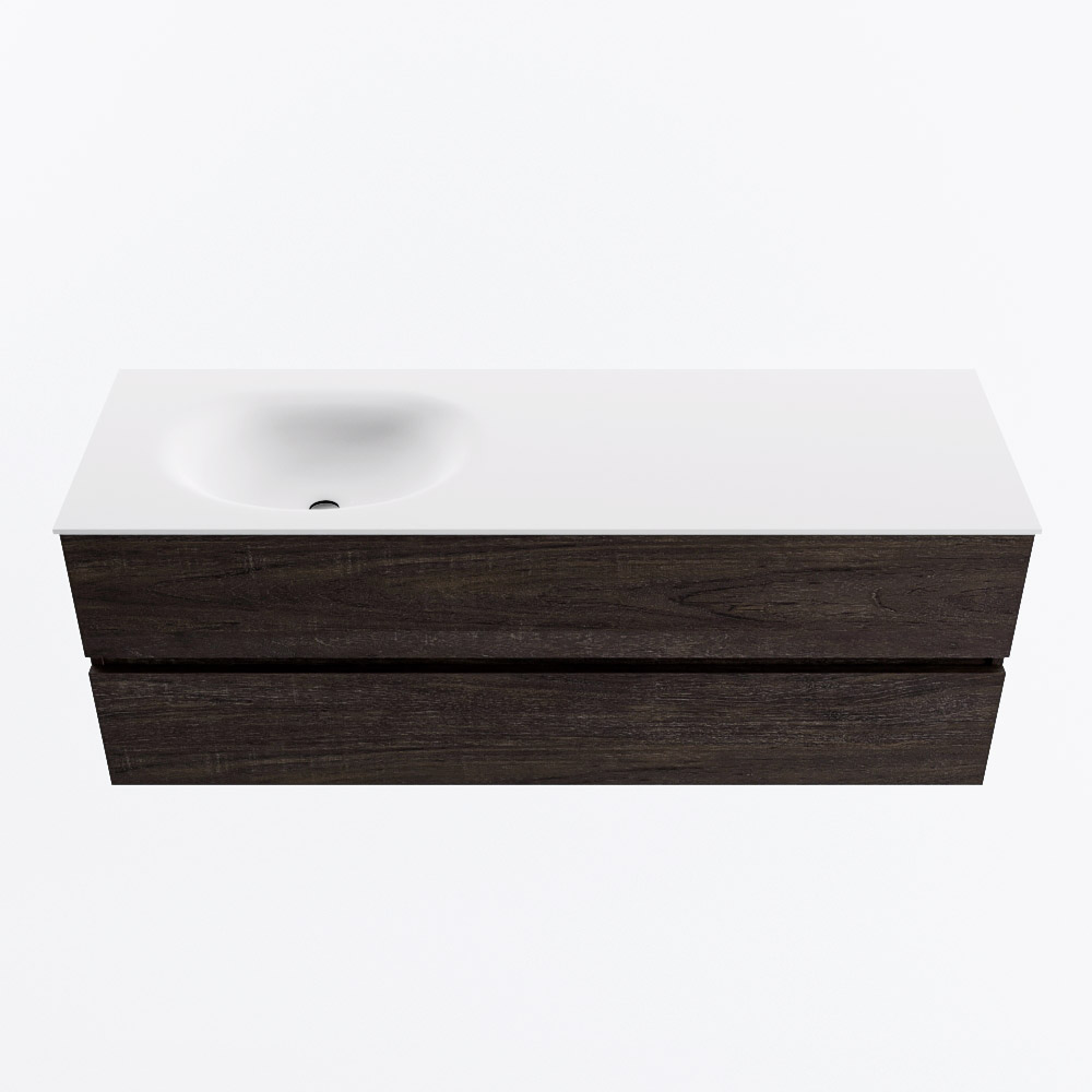 Mondiaz VICA 140cm badmeubel onderkast Dark Brown 2 lades. Wastafel MOON links zonder kraangat, kleur Talc.