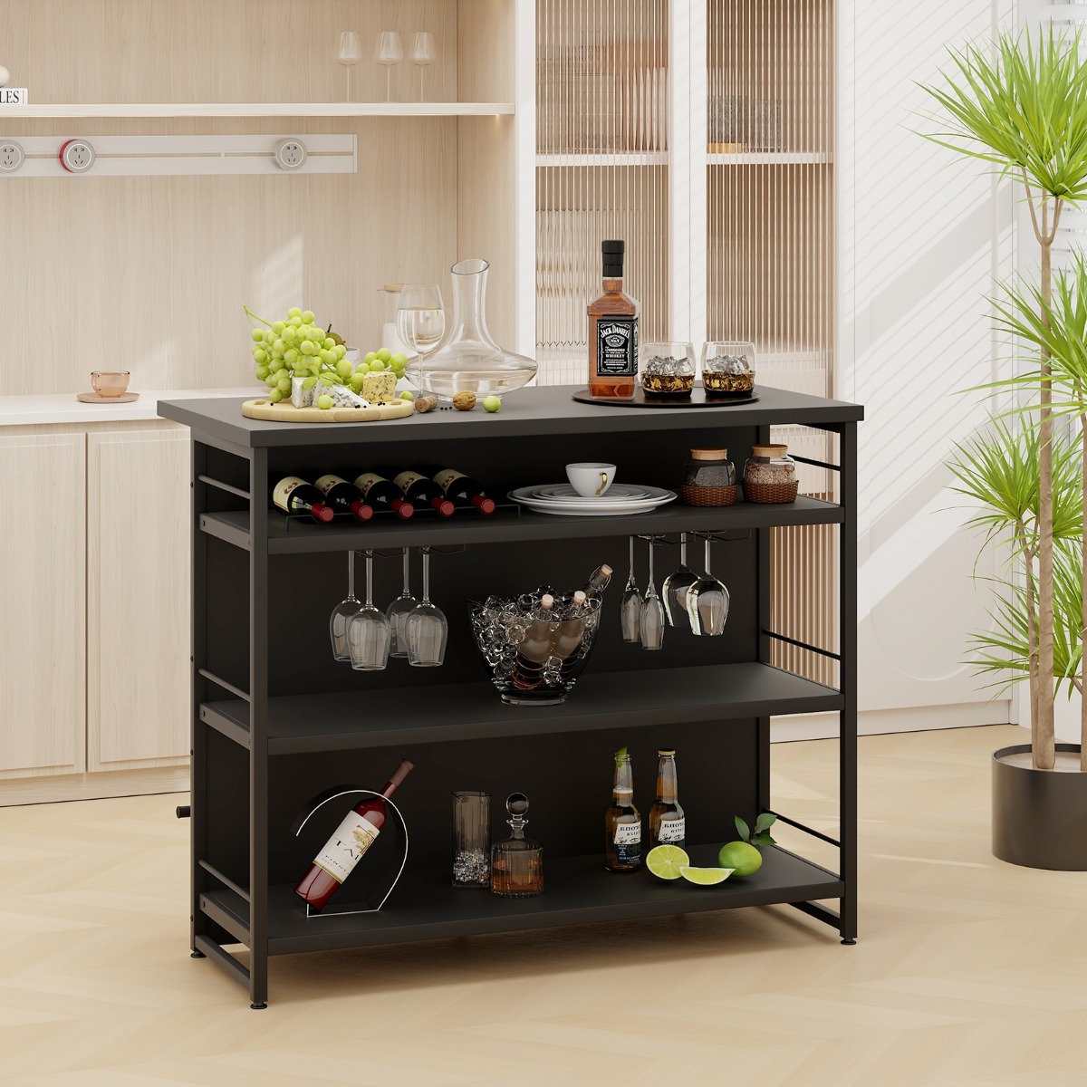 Costway Hausbar Kast met 4 Open Planken & Wijnrek & Glazenhouder Keukenkast Zwart