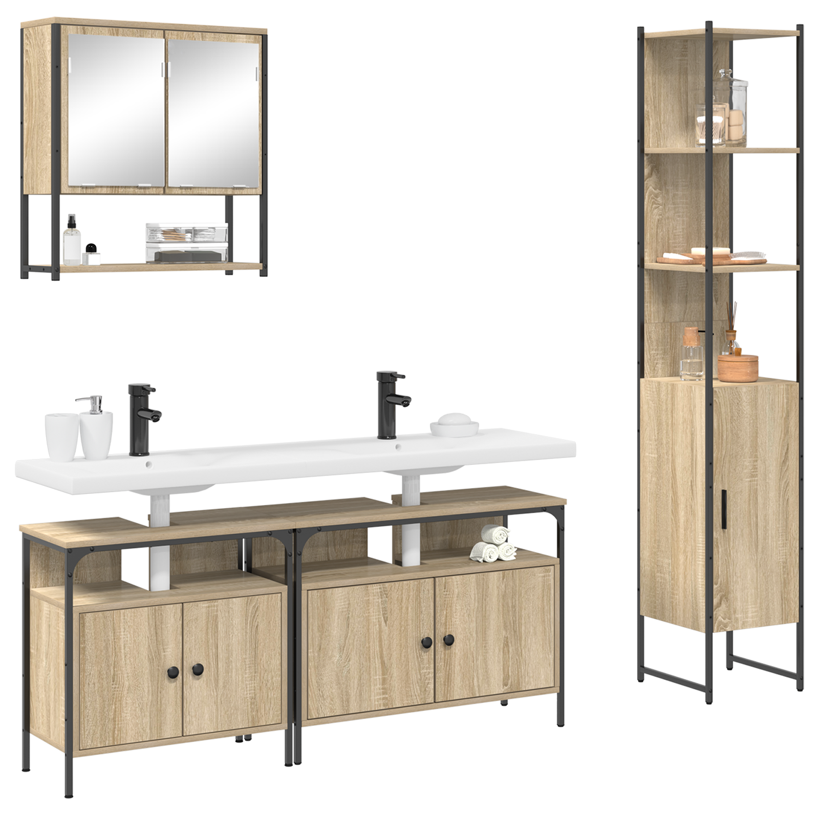vidaXL Badkamermeubelset met plank Wandgemonteerd met opslag met de deur met spiegel 4 pcs Sonoma eiken Medium