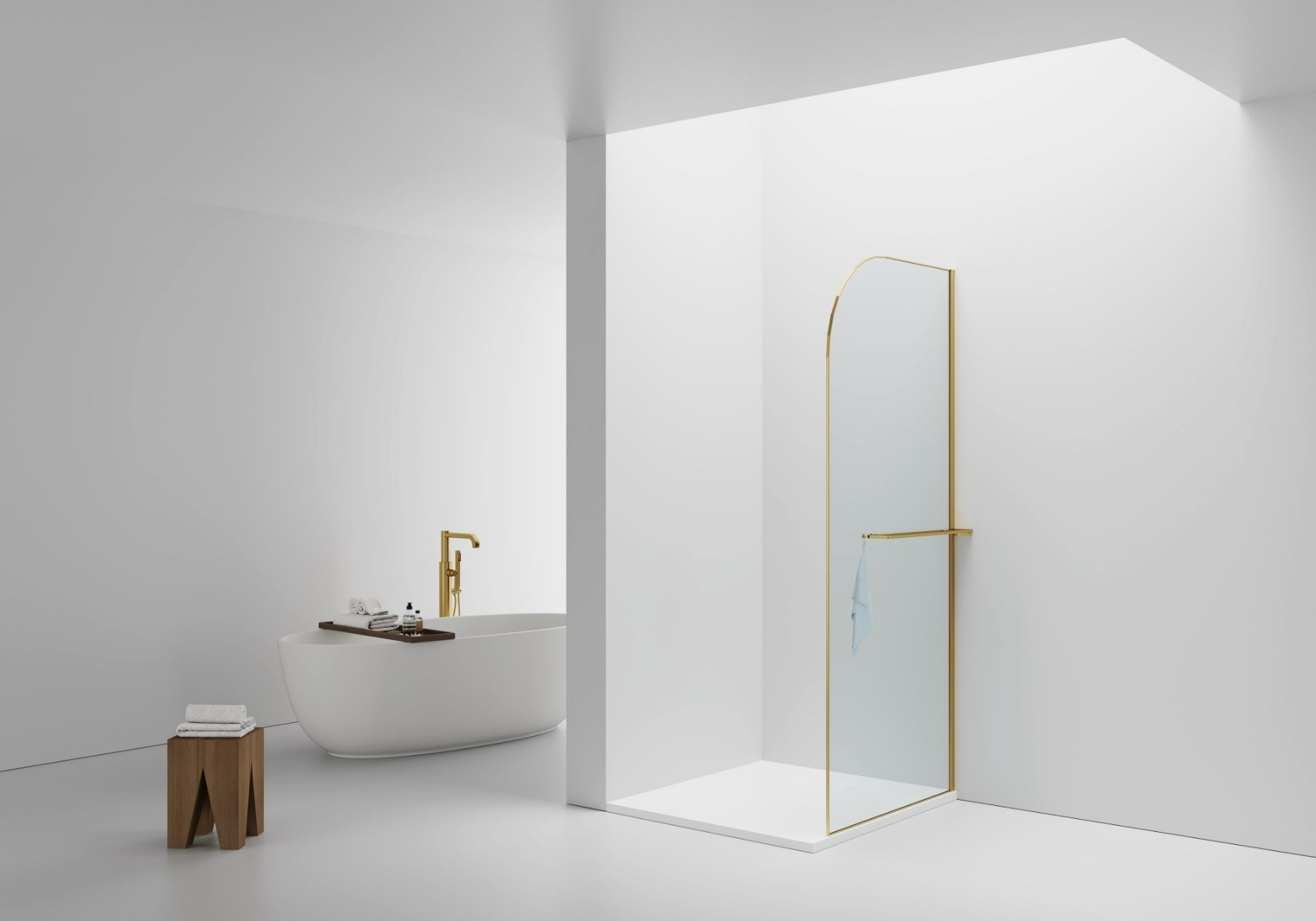 SaniGoods Curvea inloopdouche met handdoekhouder geborsteld goud 100x200cm