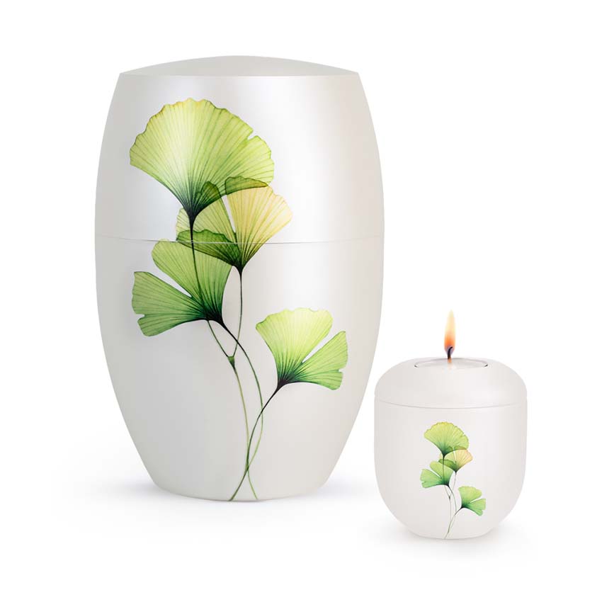 Urnwebshop Infinity Designer Urn en Mini Waxinelicht Urn Ginkgo Bladeren (4.3 liter)