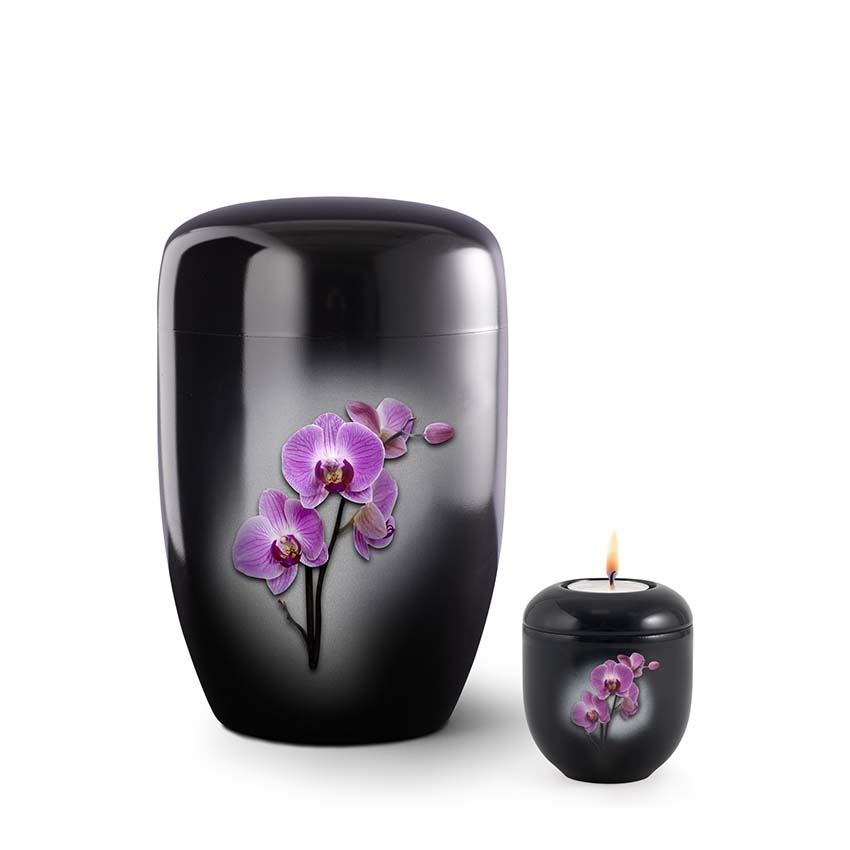 Urnwebshop Zwarte Design Urn en Mini Waxinelicht Urn Roze Orchidee (4.3 liter)
