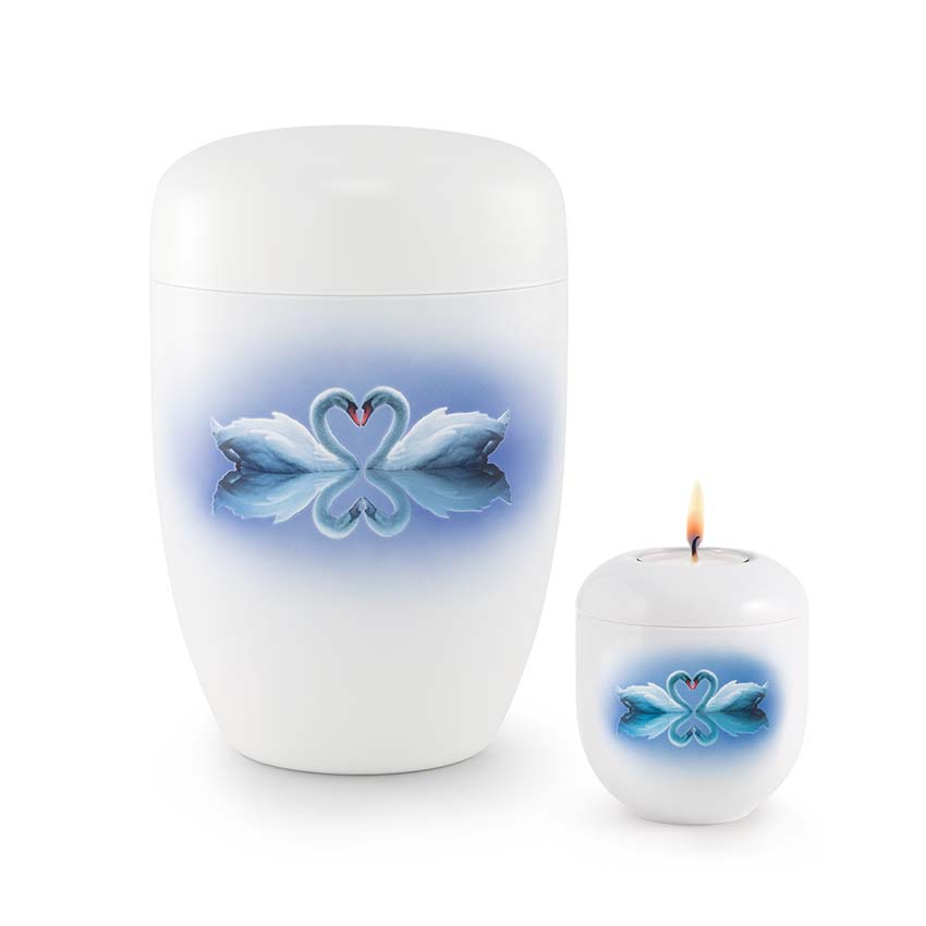 Urnwebshop Grote Design Urn en Mini Waxinelicht Urn Verliefde Zwanen (4.3 liter)