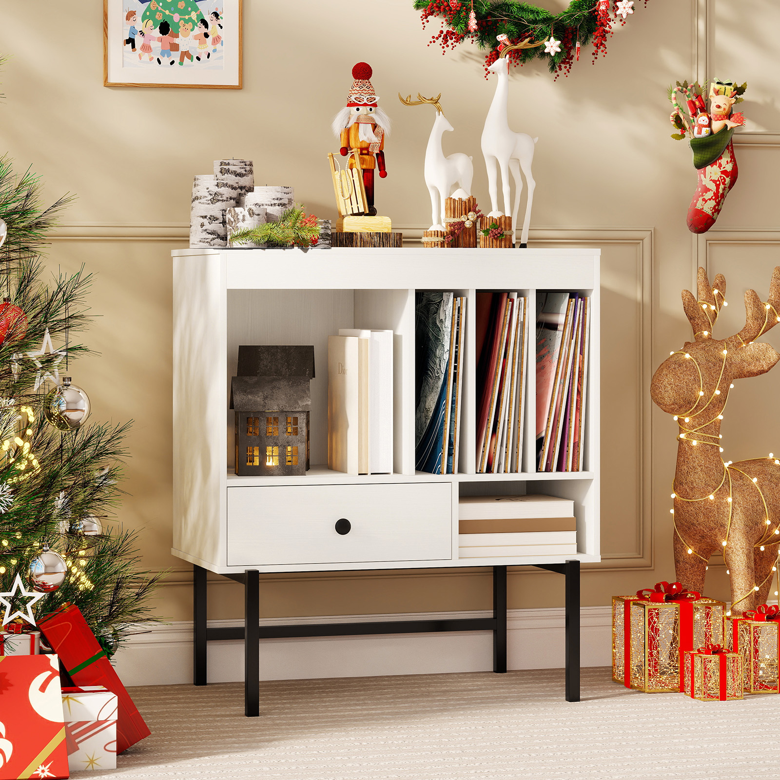 Costway Moderne Platenspelerstandaard Vinylkast met Albumhouders en Lade Bijzetkast Wit