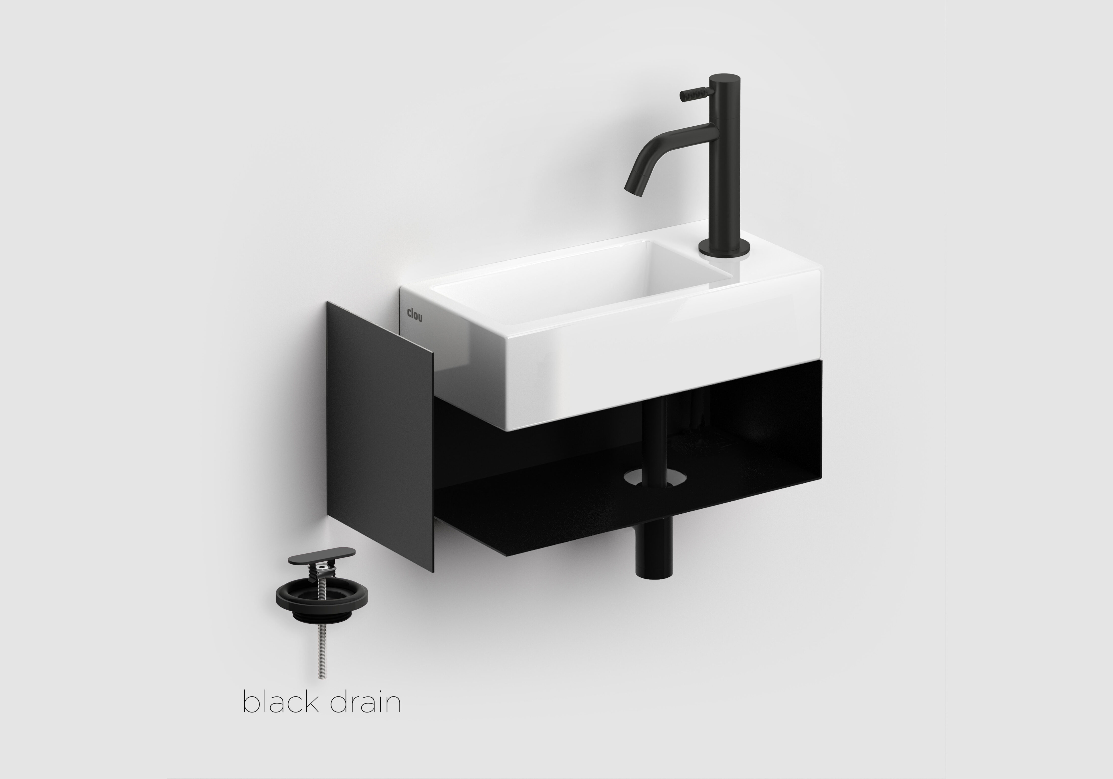 Clou Flush 3 keramische fontein wit glans met open kast en Freddo toiletkraan zwart mat
