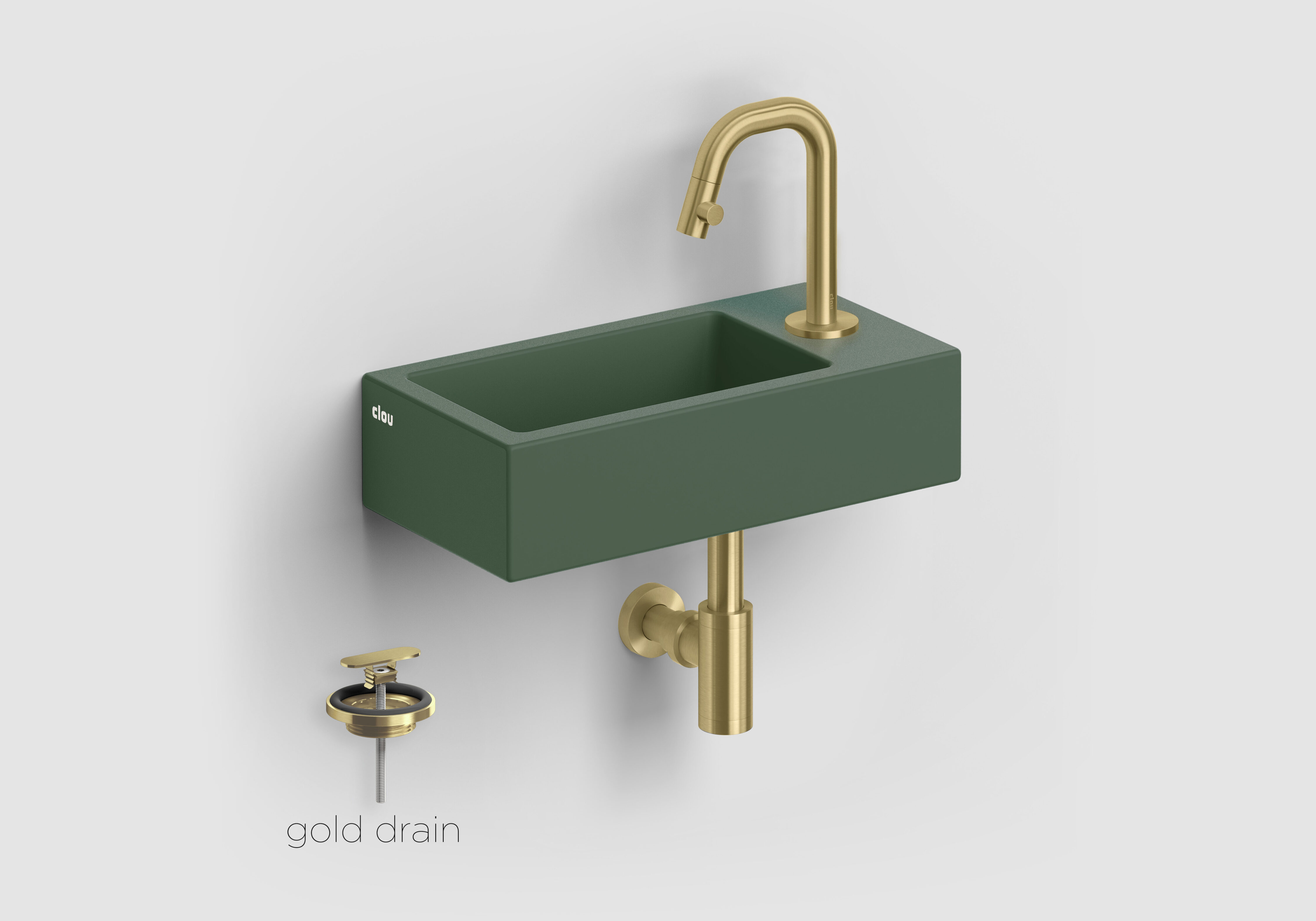 Clou Flush 3 keramische fontein groen mat met Kaldur toiletkraan messing geborsteld PVD