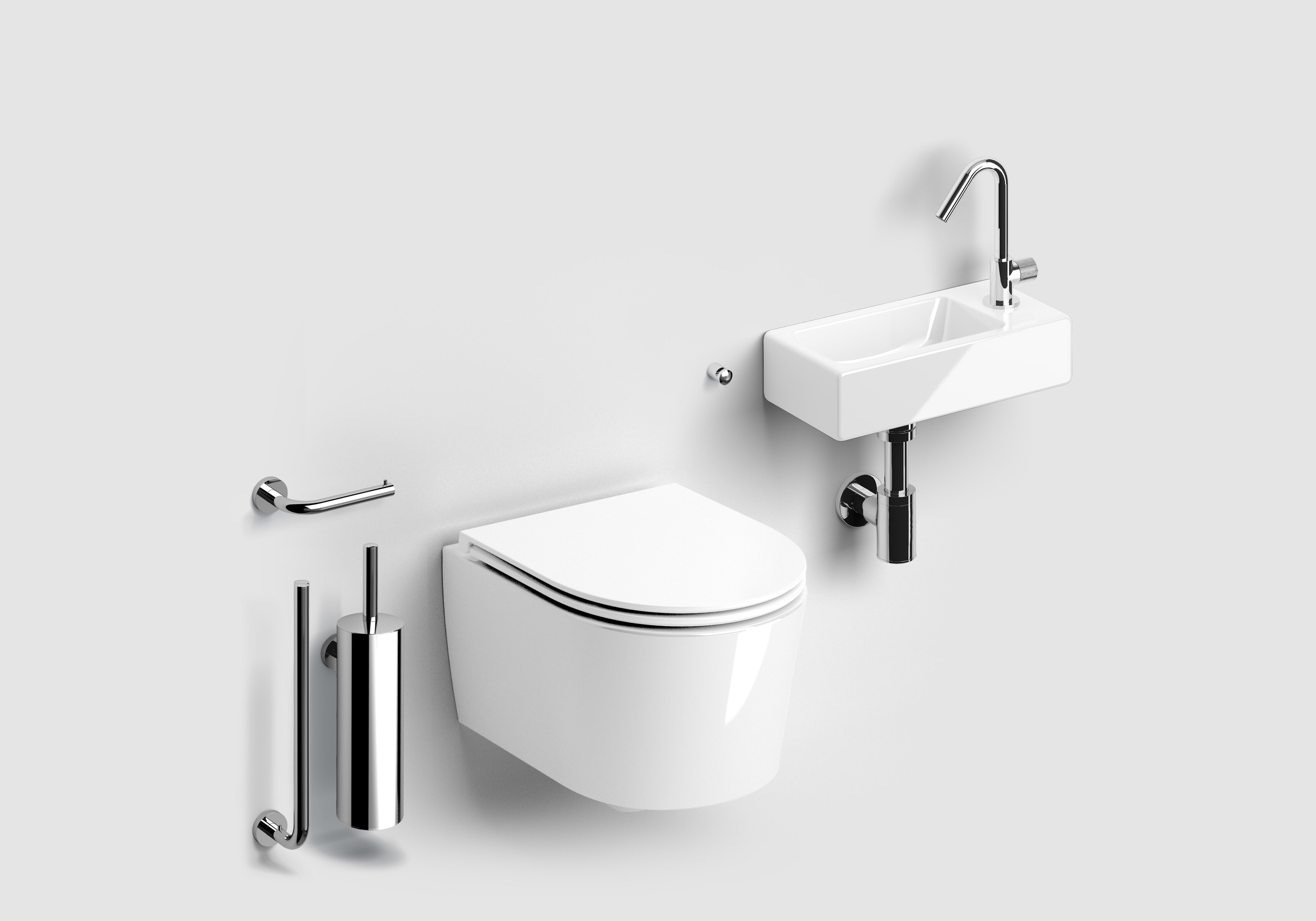 Clou InBe toiletruimte set met randloos toilet, fonteinset en chromen accessoires