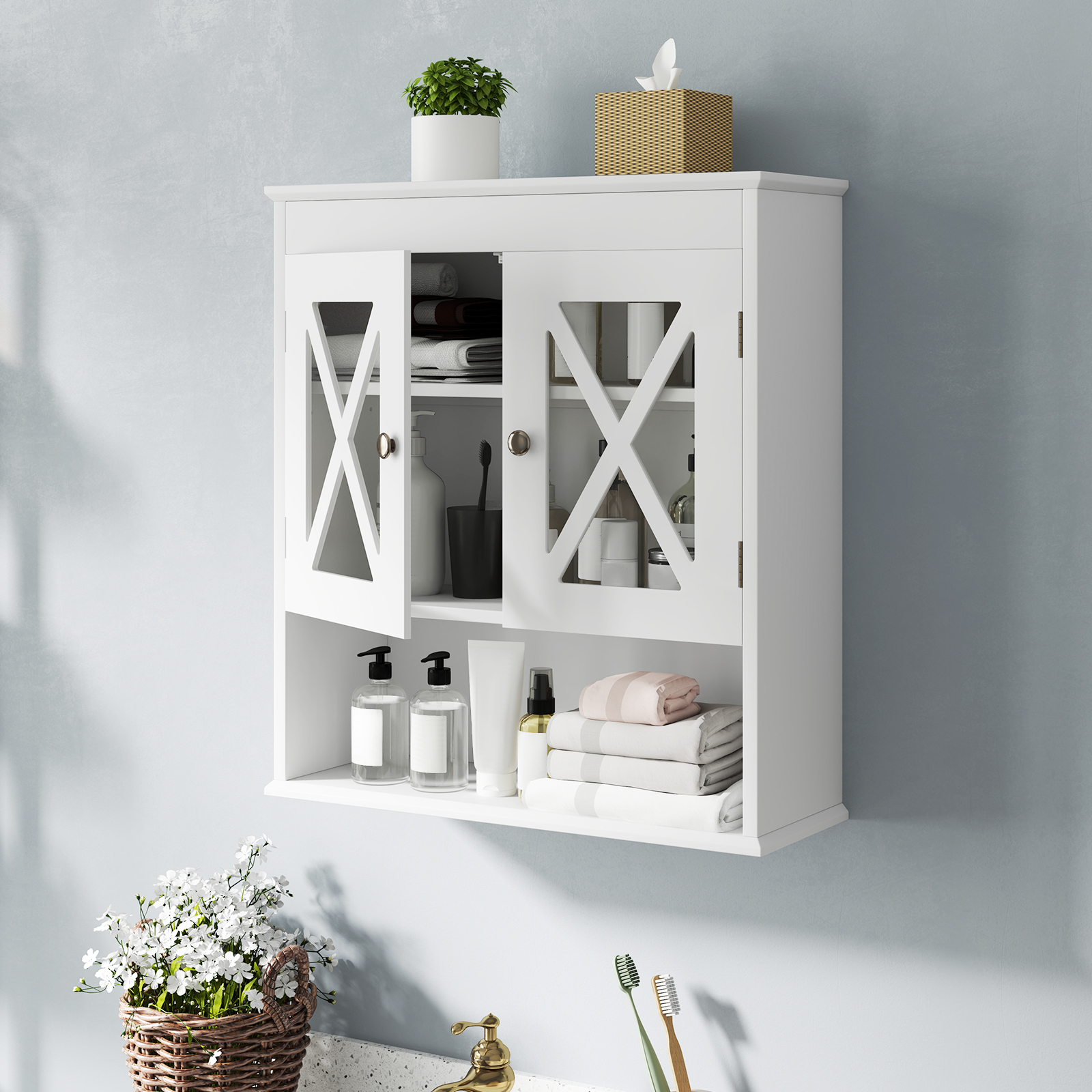 Costway Badkamer Hangkast met Verstelbaar Rek Houten Badkamerkast Badkast Wit