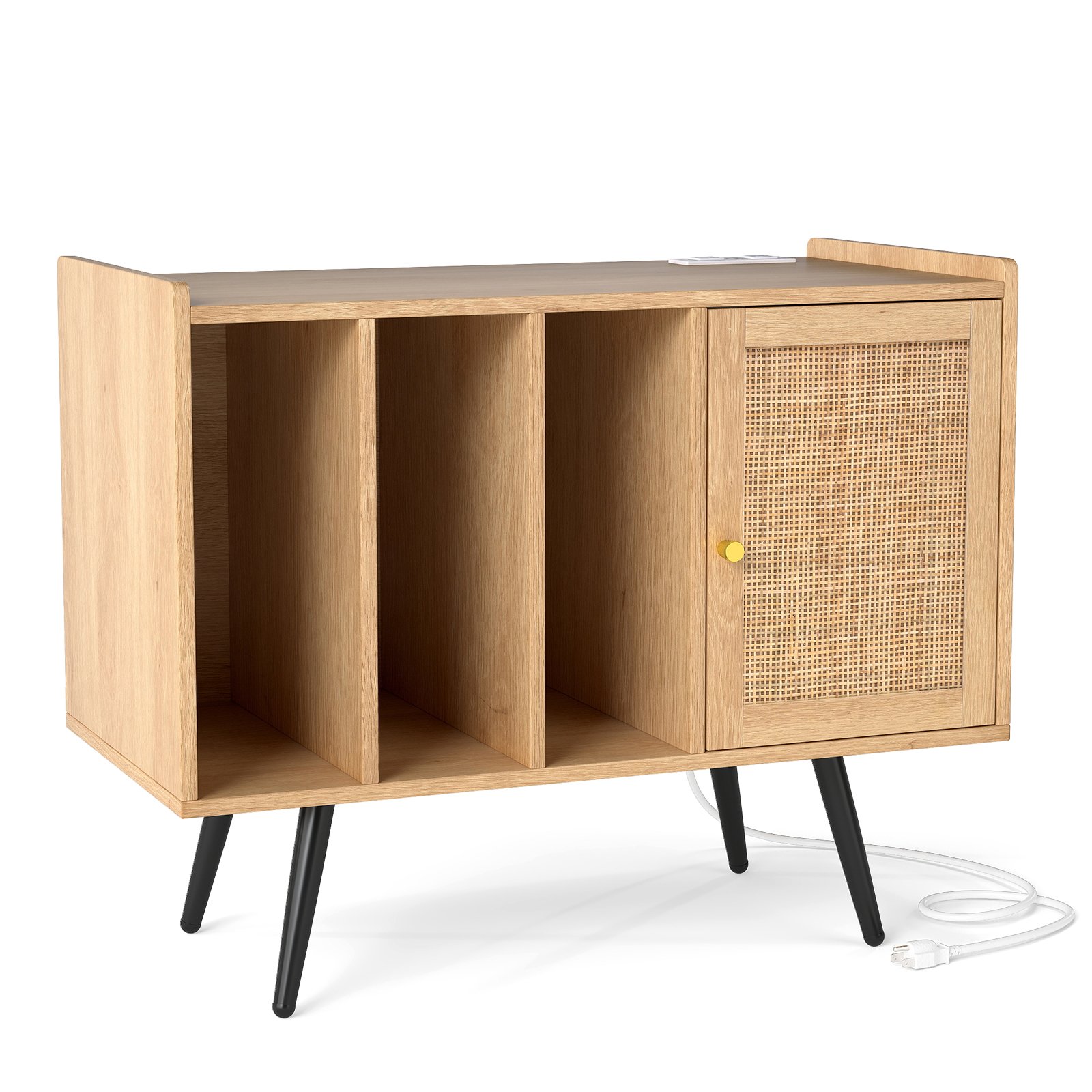 Costway Rieten Platenspelerstandaard met Oplaadstation Vinyl Platenspeler Tafel voor 220 Platen Natuur