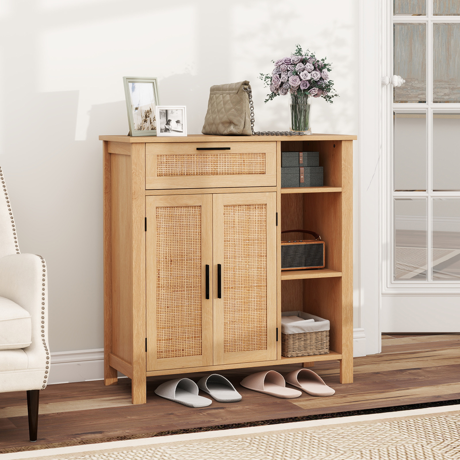 Costway Houten Dressoir met Rotan Gevlochten Deuren en Lades Buffetkast Keukenkast Keukenbuffet