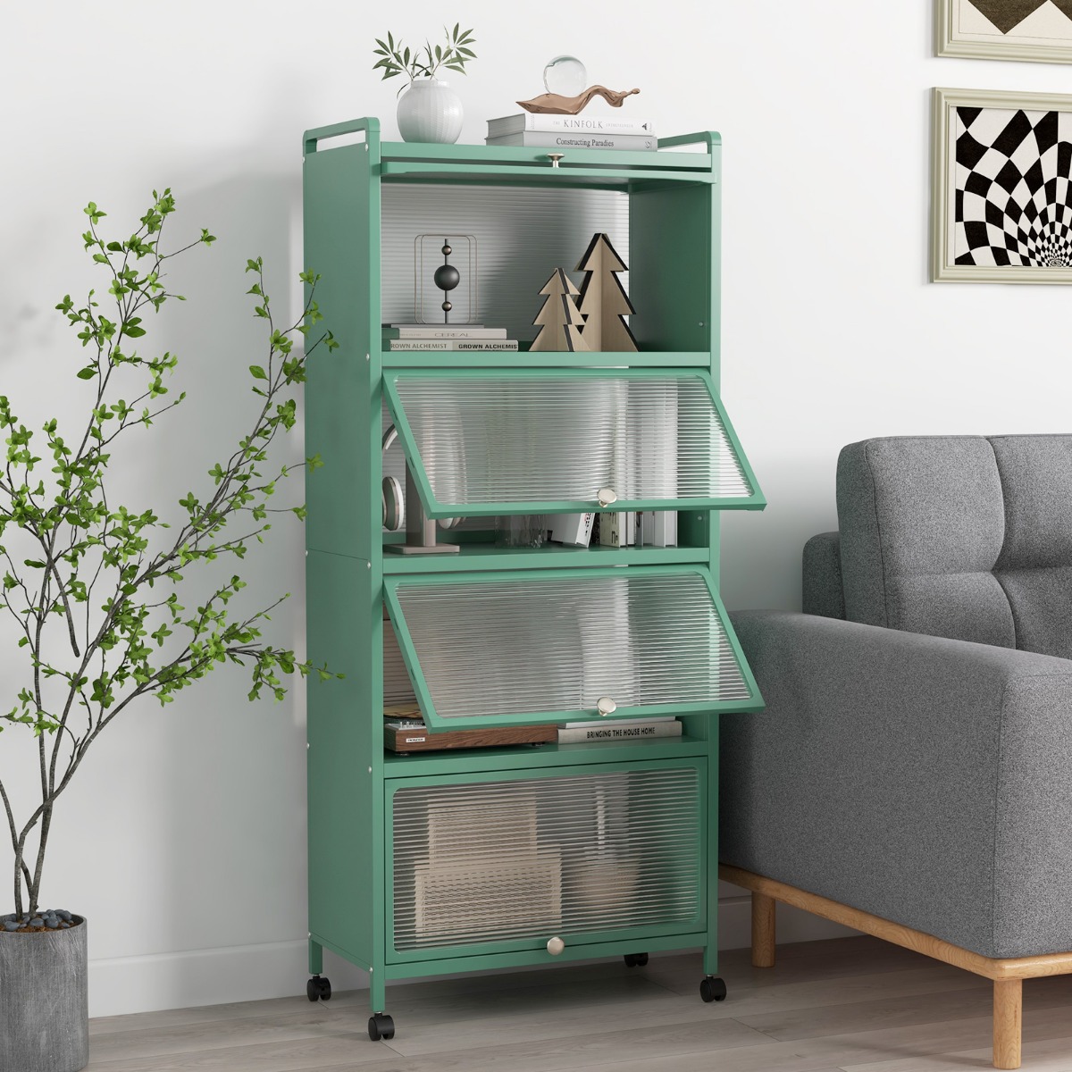 Costway Keukenrek met Wielen Mobiele Magnetronstandaard met Opklapbare Pc-deuren 60 x 32 x 154 cm Groen