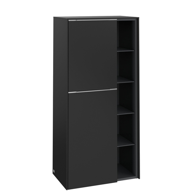 Villeroy & Boch Subway 3.0 Badkamerkast - 60x35x120cm - 2 linksdraaiende softclose deuren - 5 open vakken - aluminium glanzende greep - spaanplaat - volcano black c59800vl