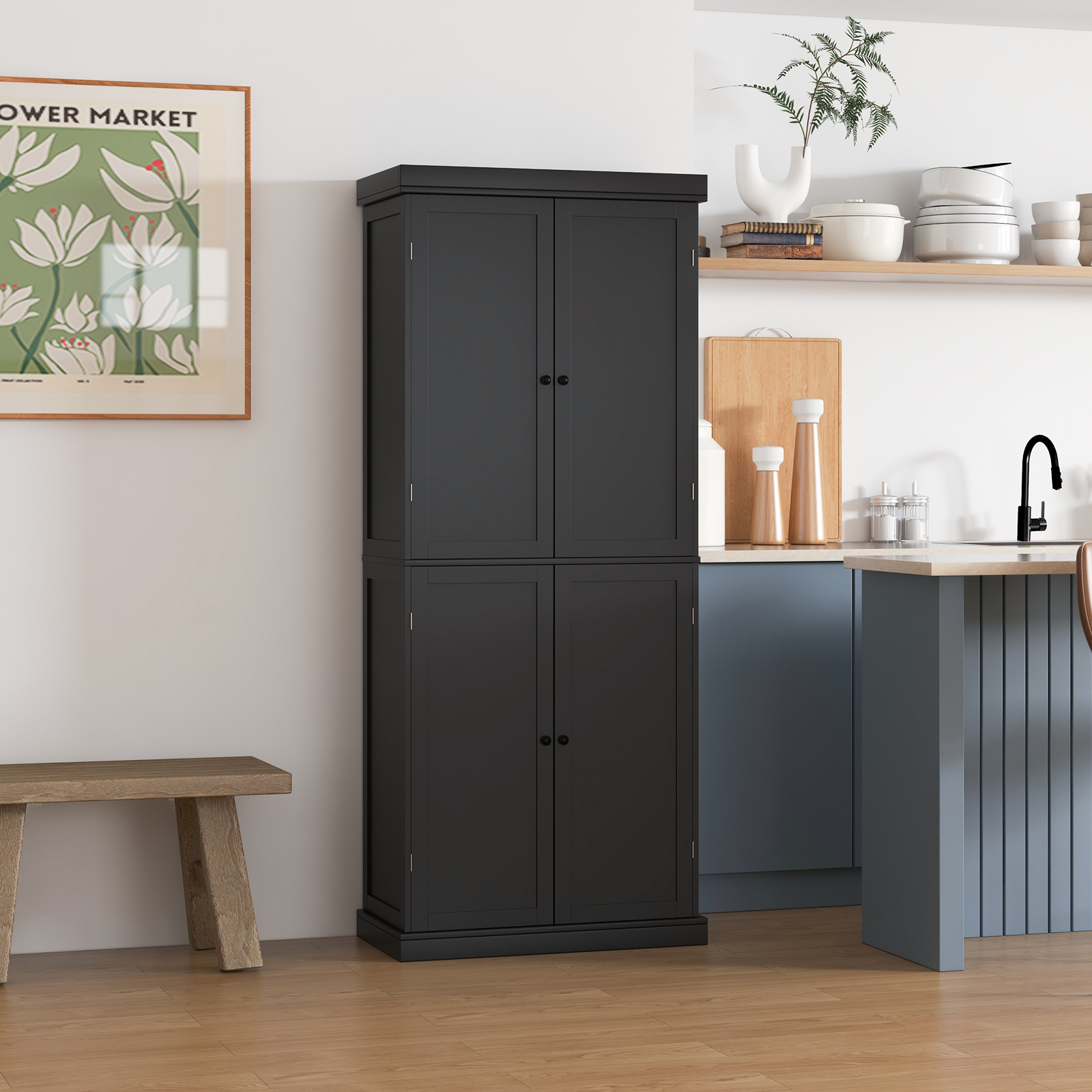 Costway Hoge kast Badkamerkast Voorraadkast met 4 Deuren & 6 Vakken Keukenkast 76 x 40 x 184,5 cm Zwart