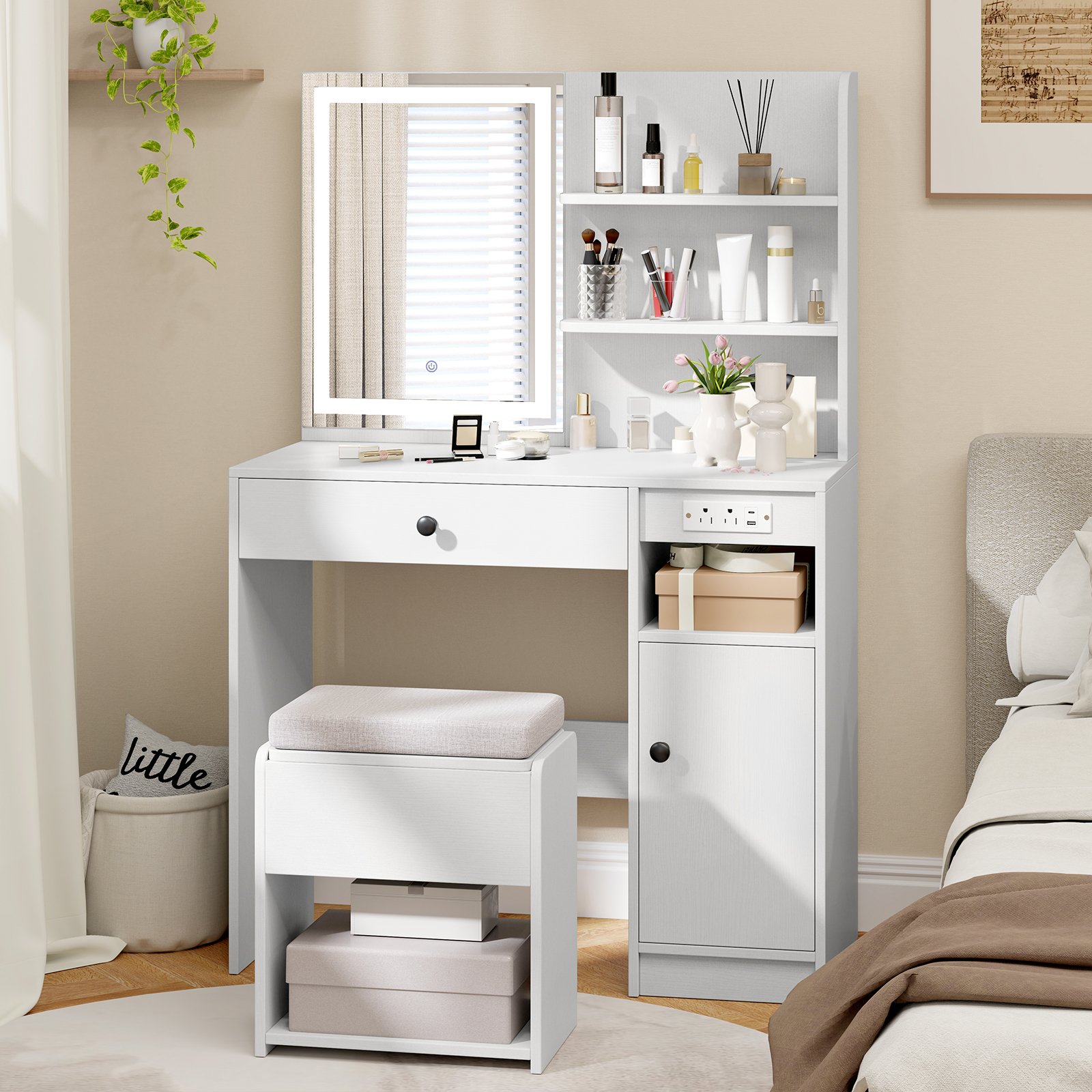 Costway Make-up tafel met Spiegel & Verlichting & Kruk Kaptafel Cosmetica Tafel Wit