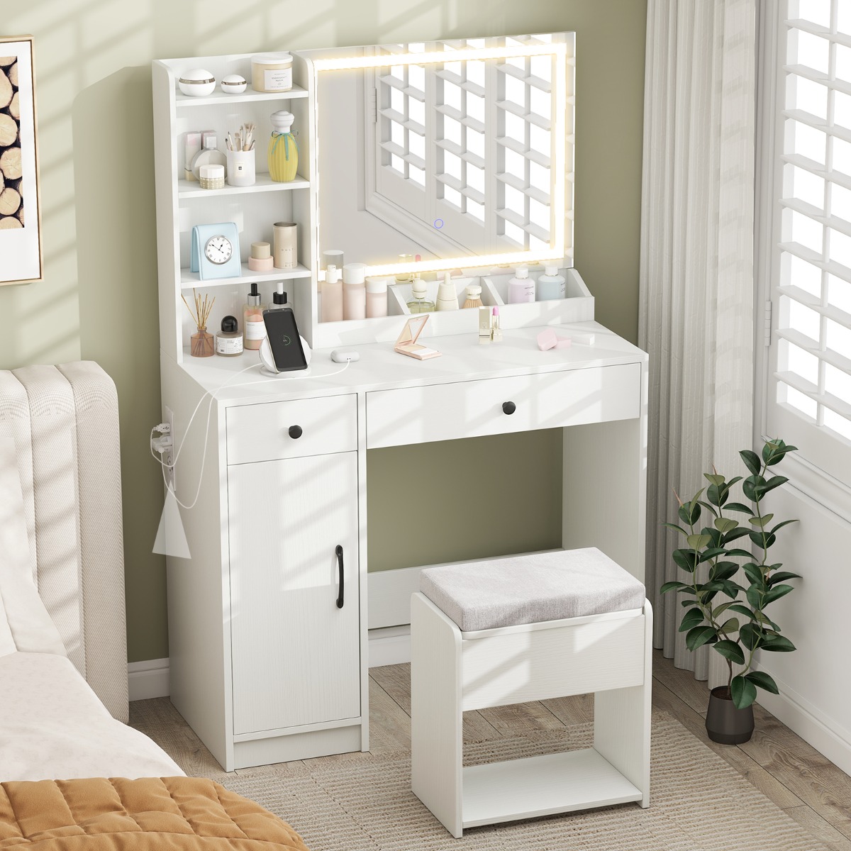 Costway Make-up Tafel met Kruk & LED-spiegel & Stopcontacten Kaptafel-set Cosmetische Tafel Wit