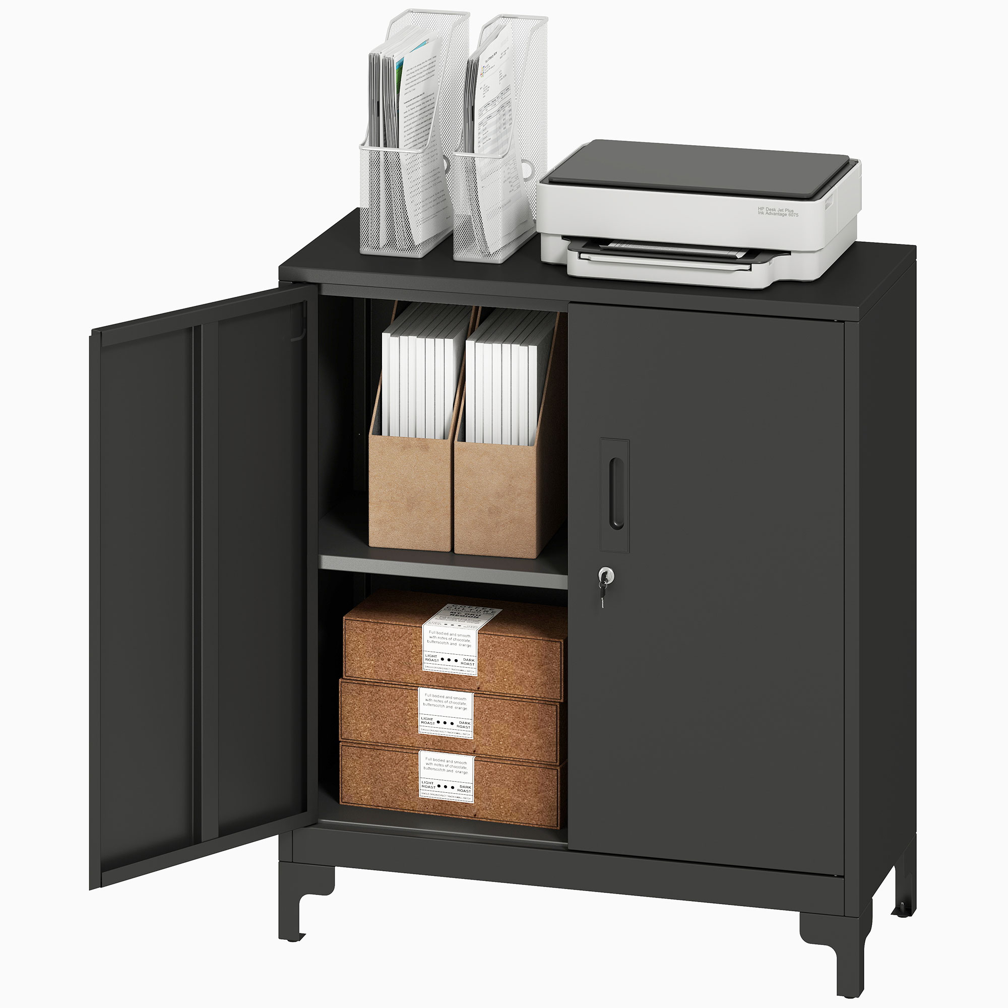 HOMCOM Metalen Kantooropbergruimte, vergrendelbare deuren, kantoorcommode, 2-niveaus ontwerp, Zwart