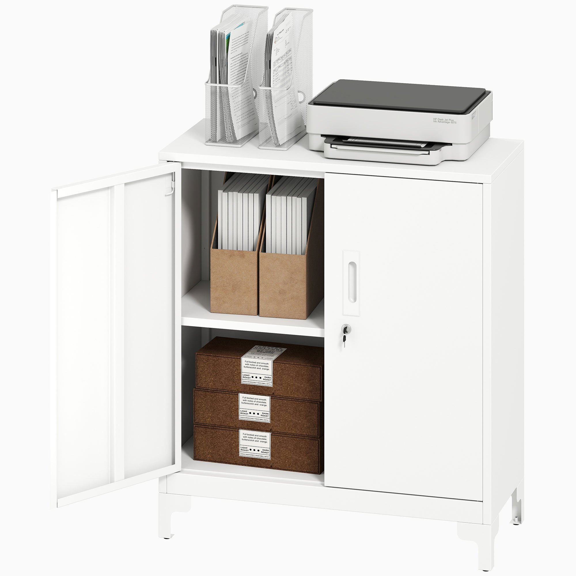 HOMCOM Metalen Archiefkast, afsluitbare deuren, bureaumeubel, 2-niveau ontwerp, Wit