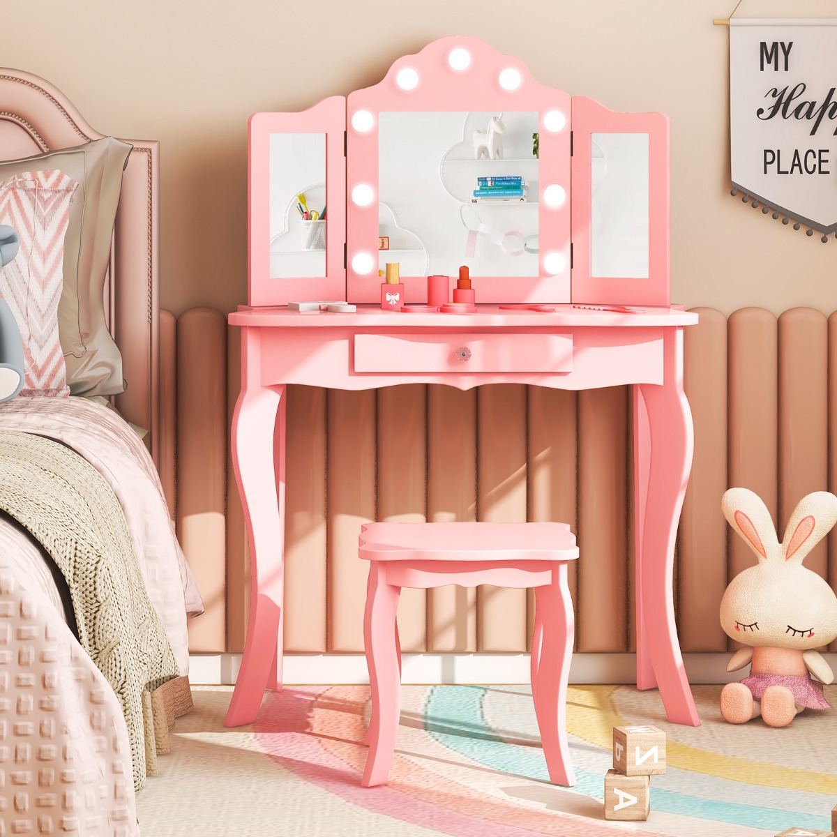 Costway Kaptafel en Krukje voor Kinderen met Afneembare Driewegspiegel & LED-Lampjes Make-Uptafel voor Prinsessen met Lade Bureau voor Kinderen