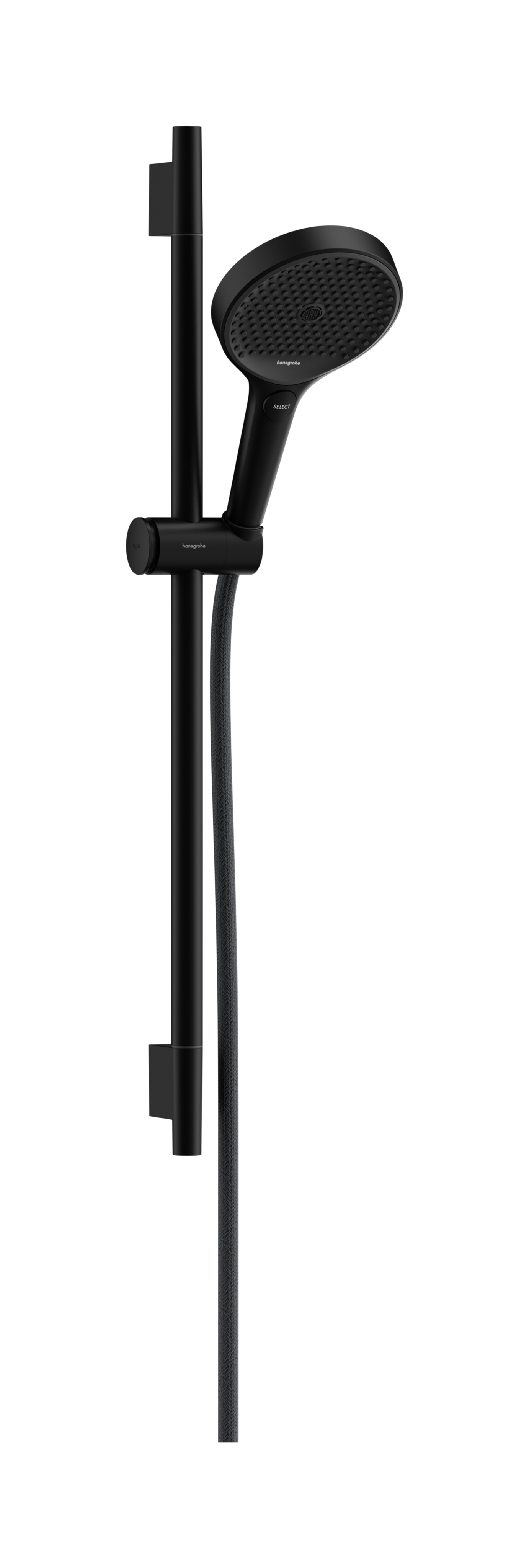 Hansgrohe Rainfinity doucheset 130 3jet EcoSmart met glijstang S Puro 65 cm, push-schuifstuk en Designflex textiel doucheslang 160 cm, mat zwart