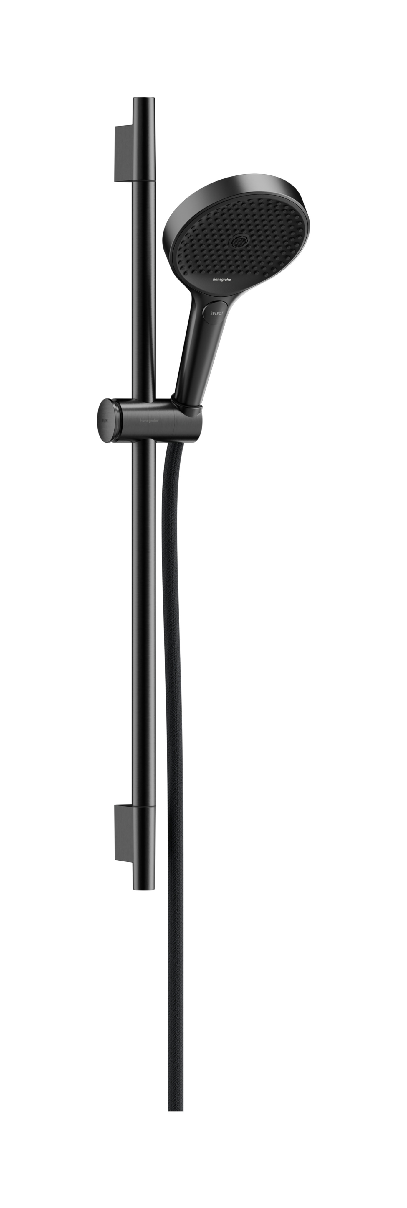 Hansgrohe Rainfinity doucheset 130 3jet EcoSmart met glijstang S Puro 65 cm, push-schuifstuk en Designflex textiel doucheslang 160 cm, Brushed Black Chrome