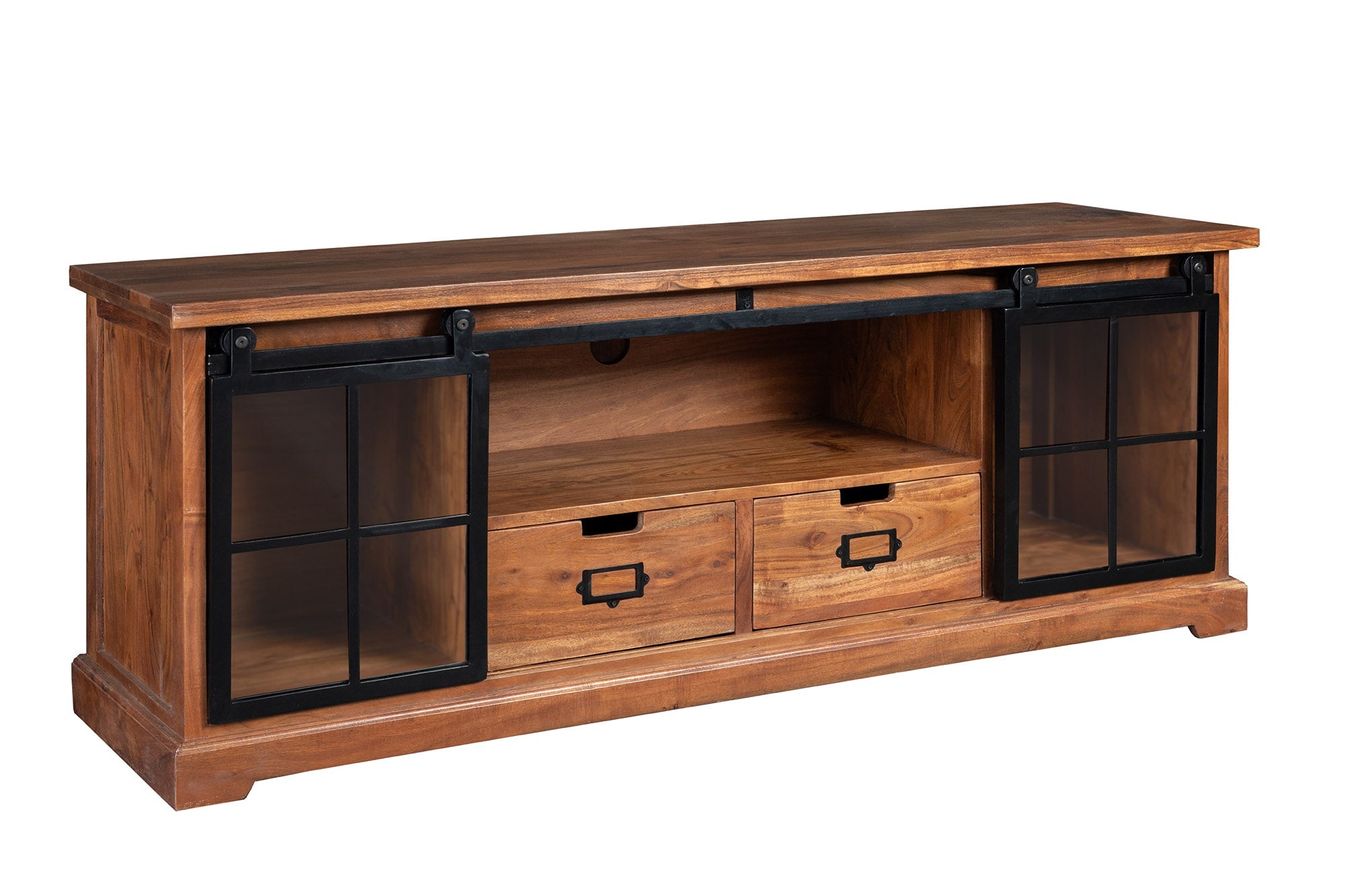Invicta Interior Vitrinekast HERITAGE 160cm zwart metalen schuifdeuren acaciahout bruin - 44050