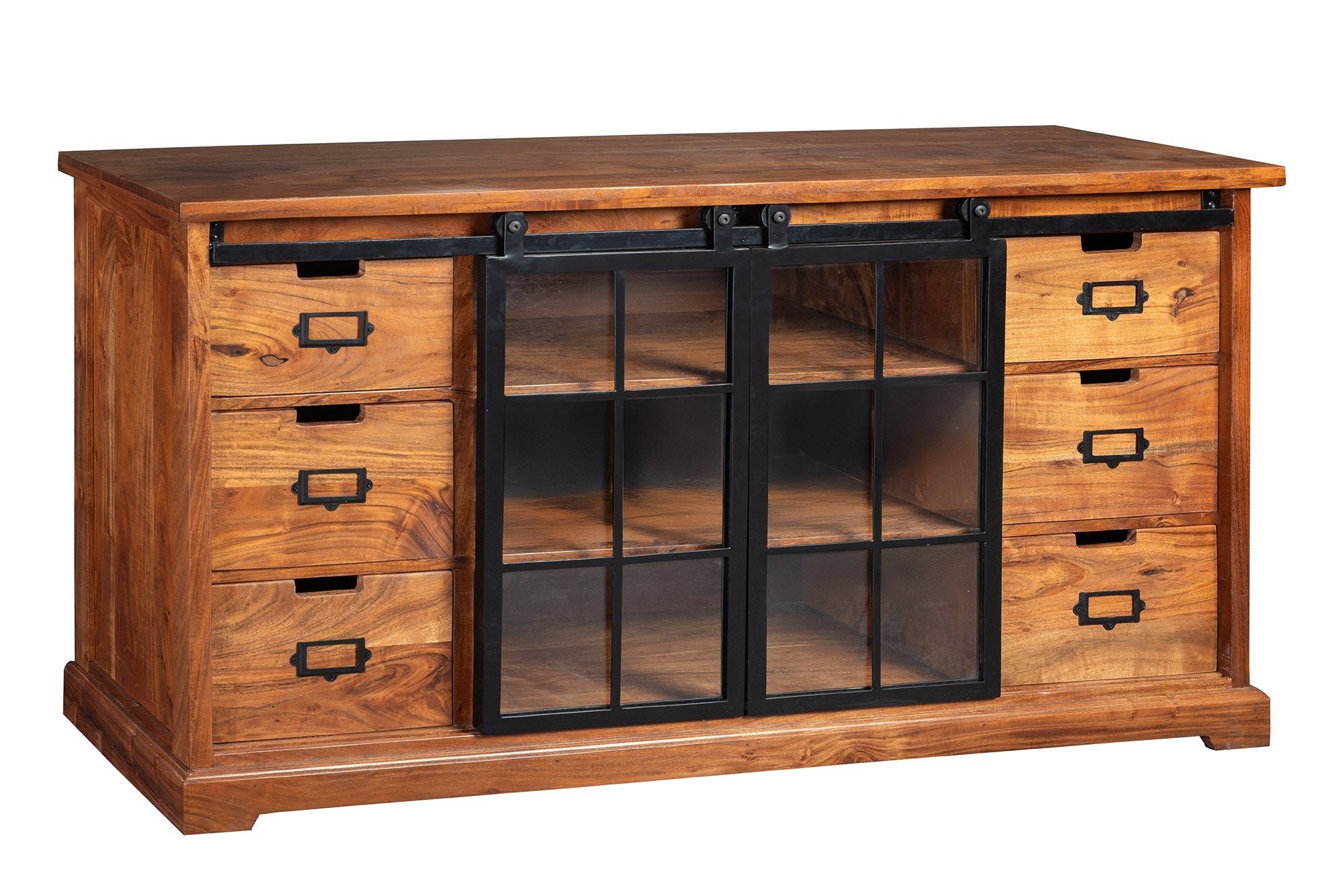 Invicta Interior Vitrinekast HERITAGE 150cm zwart metalen schuifdeuren acaciahout bruin - 44049