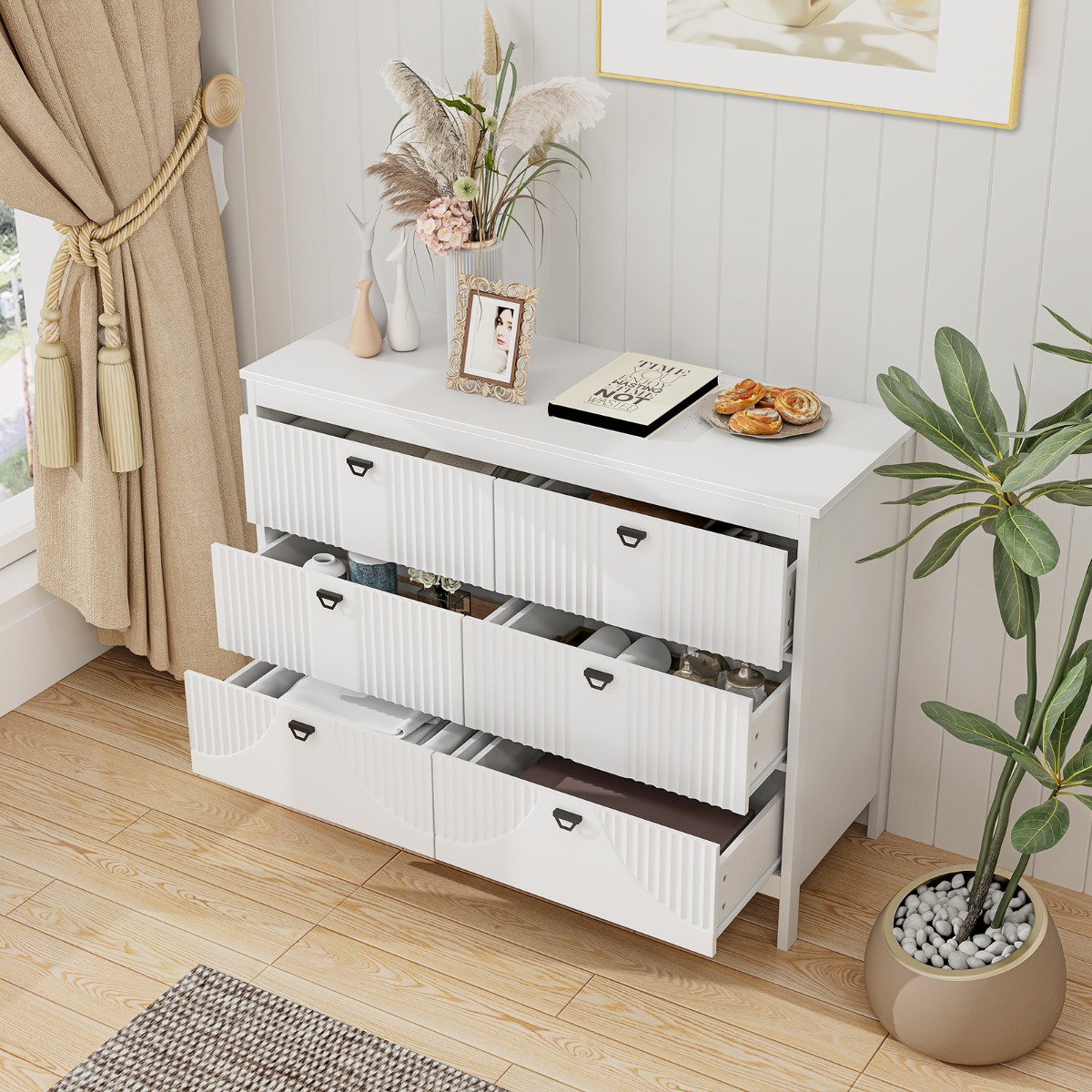 Costway Kast met 6 Lades Sideboard Wit van Hout Ladekast Modern 106 x 40 x 79 cm