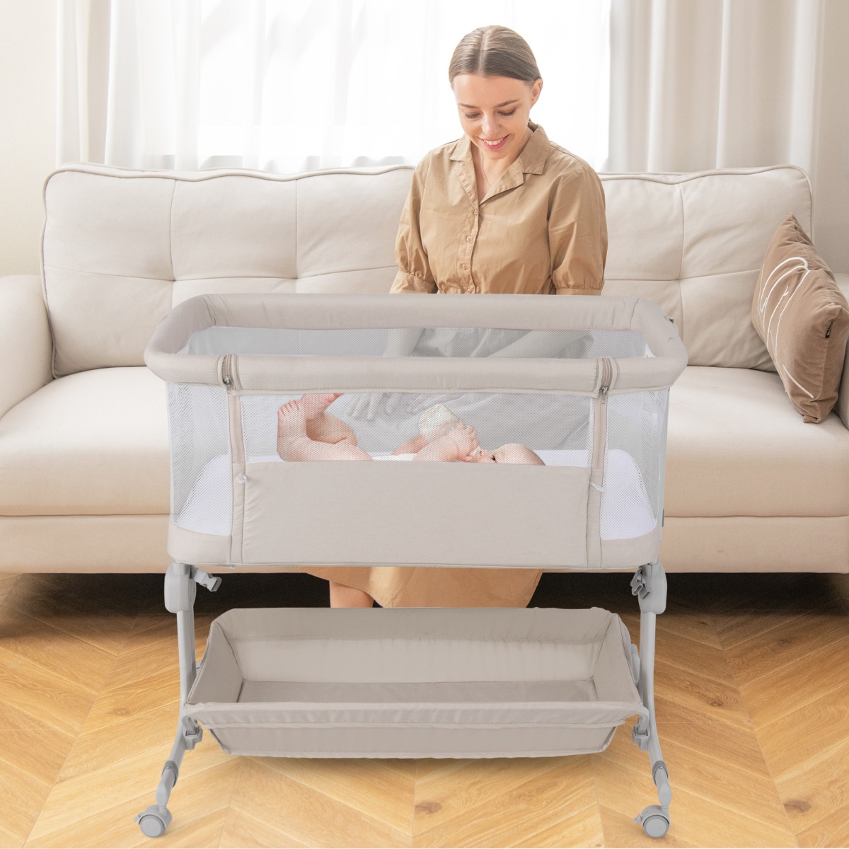 Costway 3-In-1 Bijzetbed Reisbed Baby met Matras Babybed 6 Vakken in Hoogte Verstelbaar met Opbergmand en Draagtas Beige