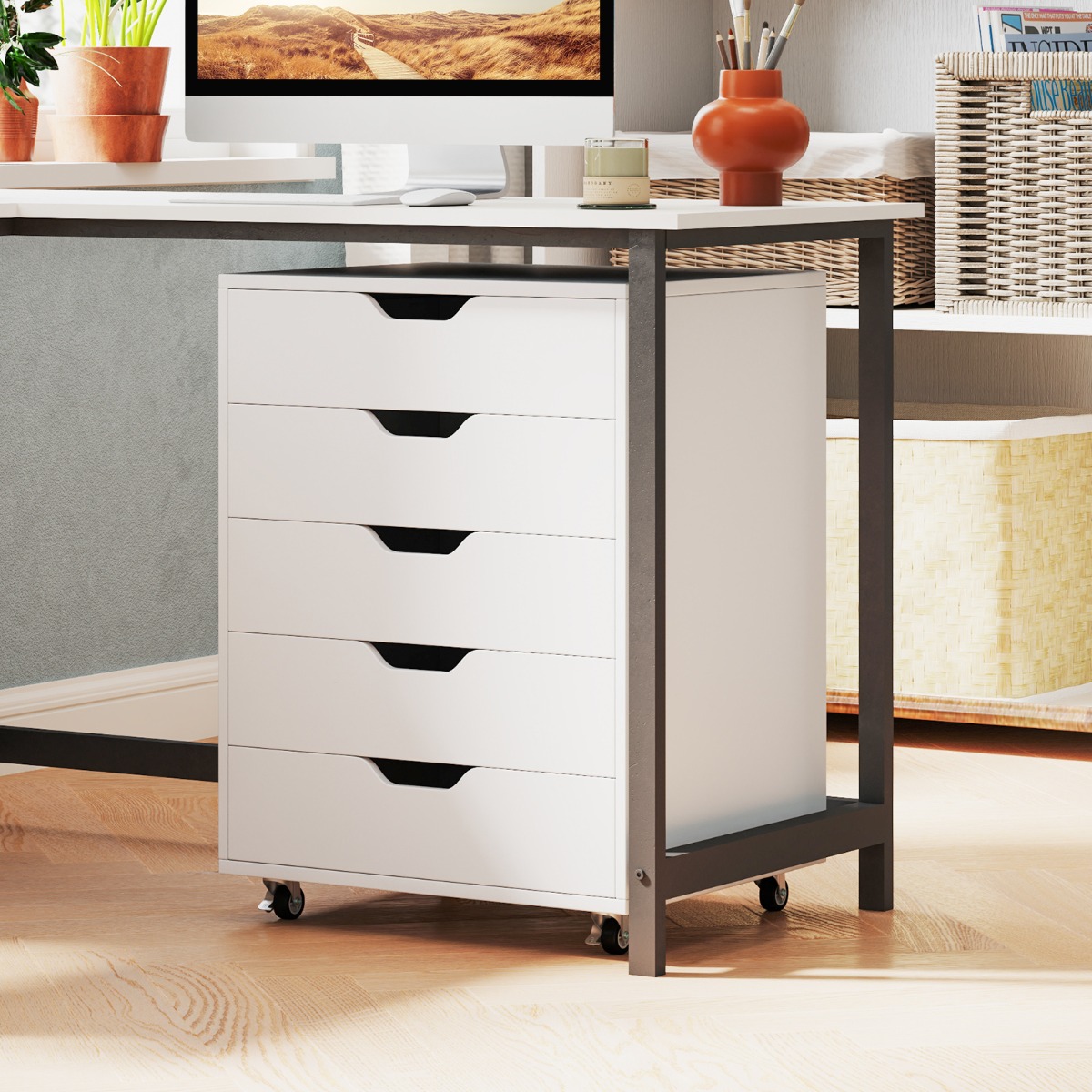 Costway Rollcontainer met 5 Lades Mobiele Archiefkast met Wielen 48 x 39,5 x 65,5 cm Wit
