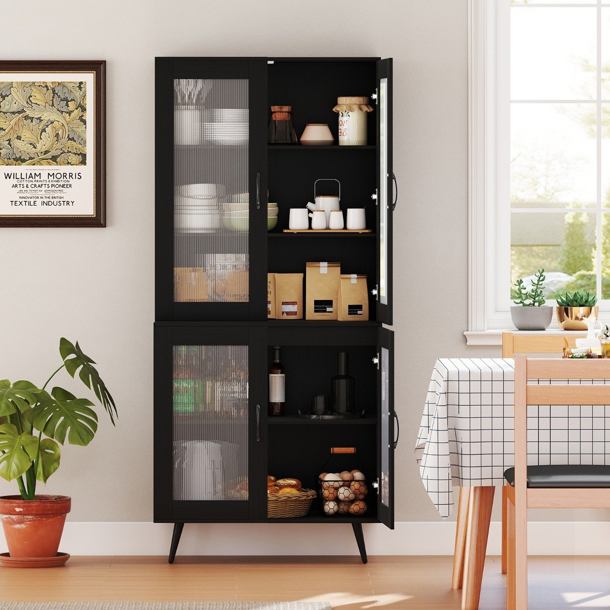 Costway Keuken Kast Hoog 178,5 cm Keukenkast met 4 Transparante Deuren & Verstelbaar Rek Zwart