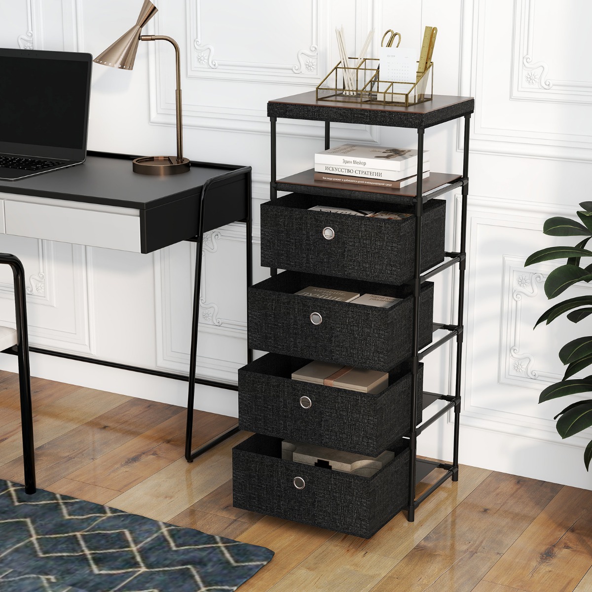 Costway Kast met 4 Lades Stoffen Kast met Houten Blad Opbergruimte met Opvouwbare Stoffen Lades