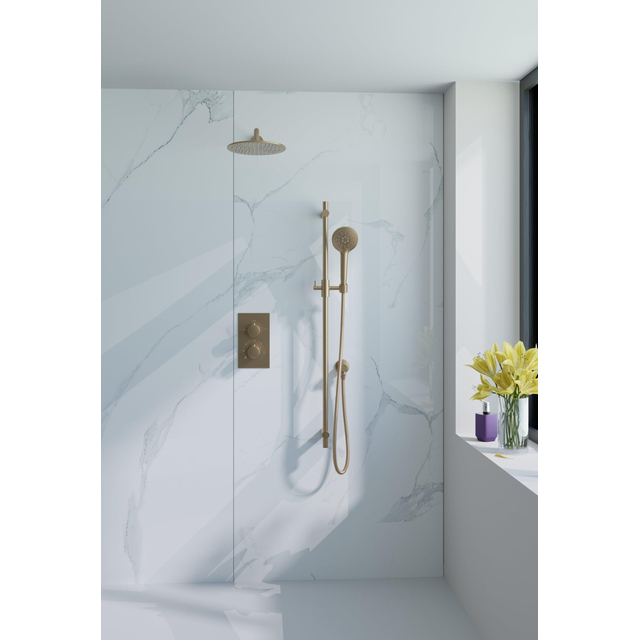 Fortifura Calvi Inbouw Regendoucheset - thermostatisch - wandarm - glijstang - 25cm hoofddouche - ronde handdouche - metalen doucheslang - geborsteld Messing PVD (Goud) SW706206/SW720555/SW720562/SW72