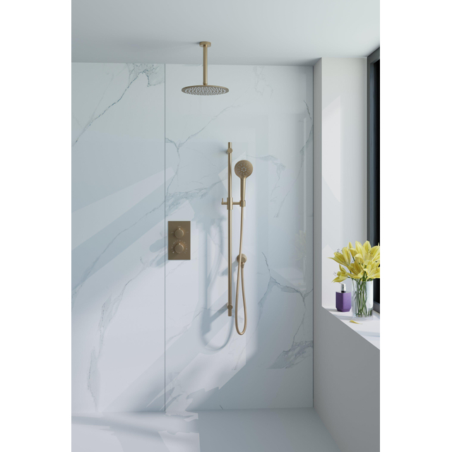 Fortifura Calvi Inbouw Regendoucheset - thermostatisch - plafondarm - glijstang - 25cm hoofddouche - ronde handdouche - metalen doucheslang - geborsteld Messing PVD (Goud) SW706206/SW720555/SW720557/S
