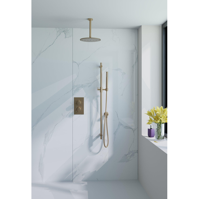 Fortifura Calvi Inbouw Regendoucheset - thermostatisch - plafondarm - glijstang - 25cm hoofddouche - staaf handdouche - metalen doucheslang - geborsteld Messing PVD (Goud) SW720557/SW720555/SW1159494/