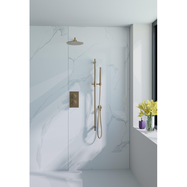 Fortifura Calvi Inbouw Regendoucheset - thermostatisch - wandarm - glijstang - 25cm hoofddouche - staaf handdouche - metalen doucheslang - geborsteld Messing PVD (Goud) SW720562/SW720555/SW1159494/SW7