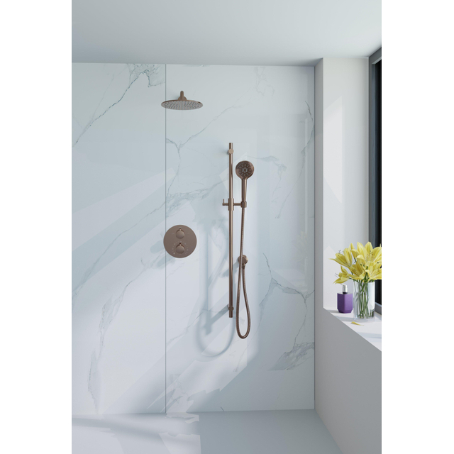 Fortifura Calvi Inbouw Regendoucheset - rond - thermostatisch - wandarm - glijstang - 25cm hoofddouche - ronde handdouche - Geborsteld koper PVD (Koper) SW970038/SW970041/SW970043/SW970045/SW970047/SW