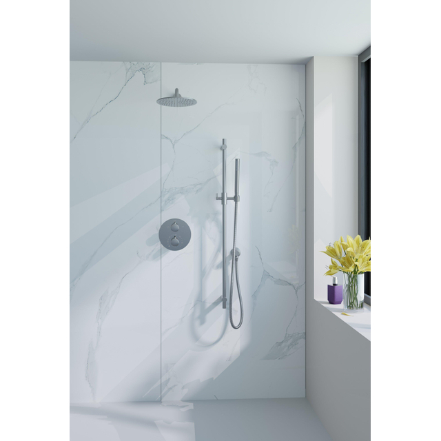Fortifura Calvi Inbouw Regendoucheset - rond - thermostatisch - wandarm - glijstang - 25cm hoofddouche - staaf handdouche - metalen slang - Geborsteld RVS PVD (RVS) SW496812/SW542645/SW706208/SW720554