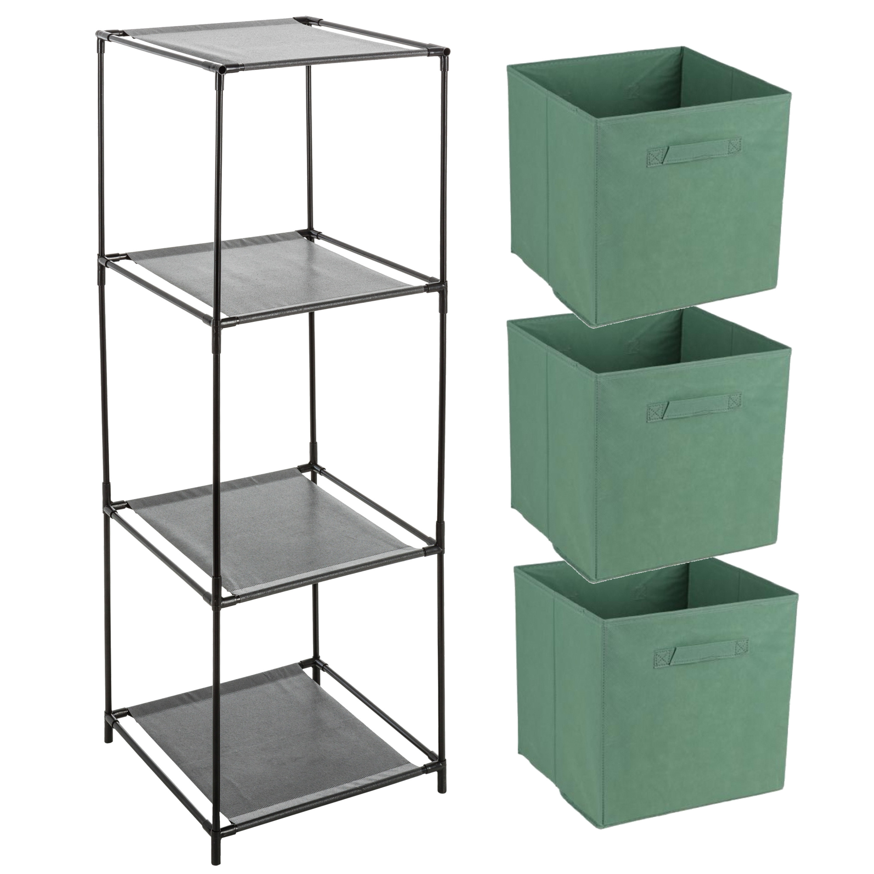 Merkloos Opbergrek 3-laags - metaal - kunststof - zwart - x cm - incl. 3 opbergmanden groen -