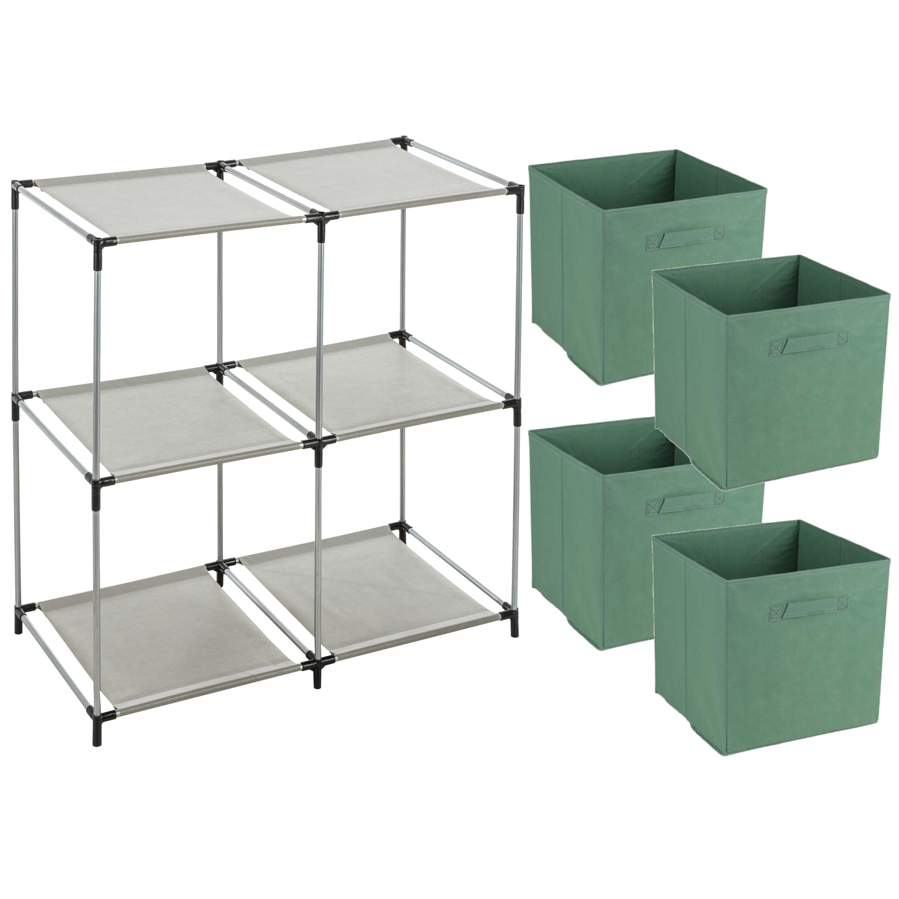 Merkloos Opbergrek 2-laags - metaal - kunststof - grijs - 67 x 68 cm - incl. 4 opbergmanden groen -