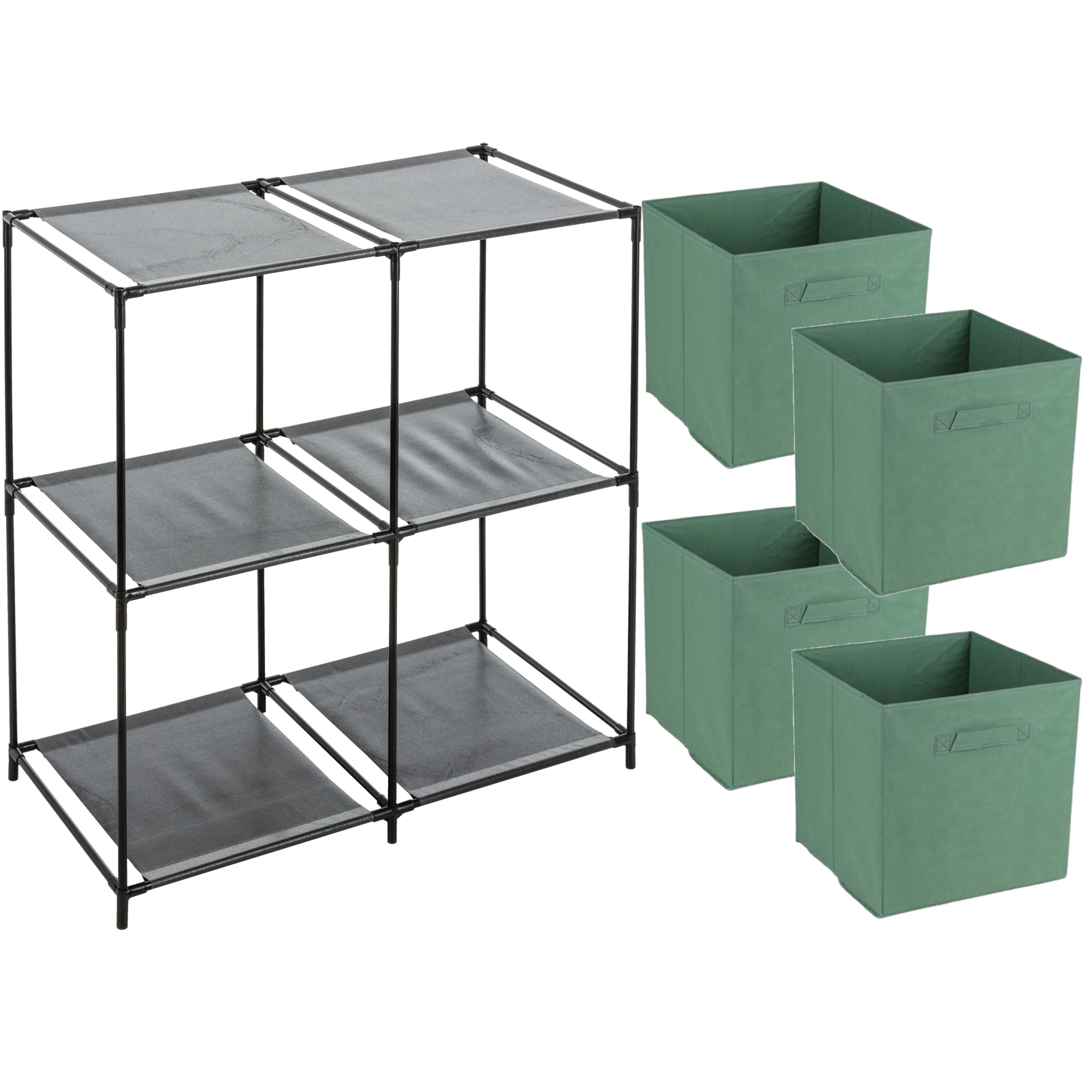 Merkloos Opbergrek 2-laags - metaal - kunststof - zwart - 67 x 68 cm - incl. 4 opbergmanden groen -